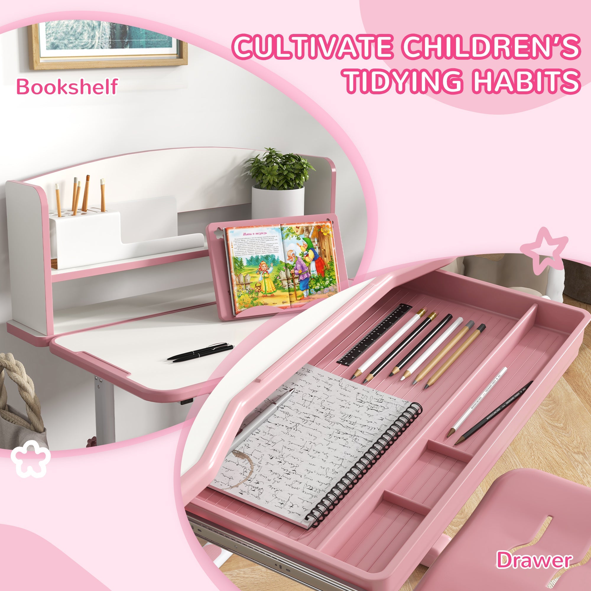 EasycomfortZONEKIZ Set Scrivania per Bambini with Sedia Regolabile in Altezza e Piano Inclinabile, Età 6-12 Anni, Rosa