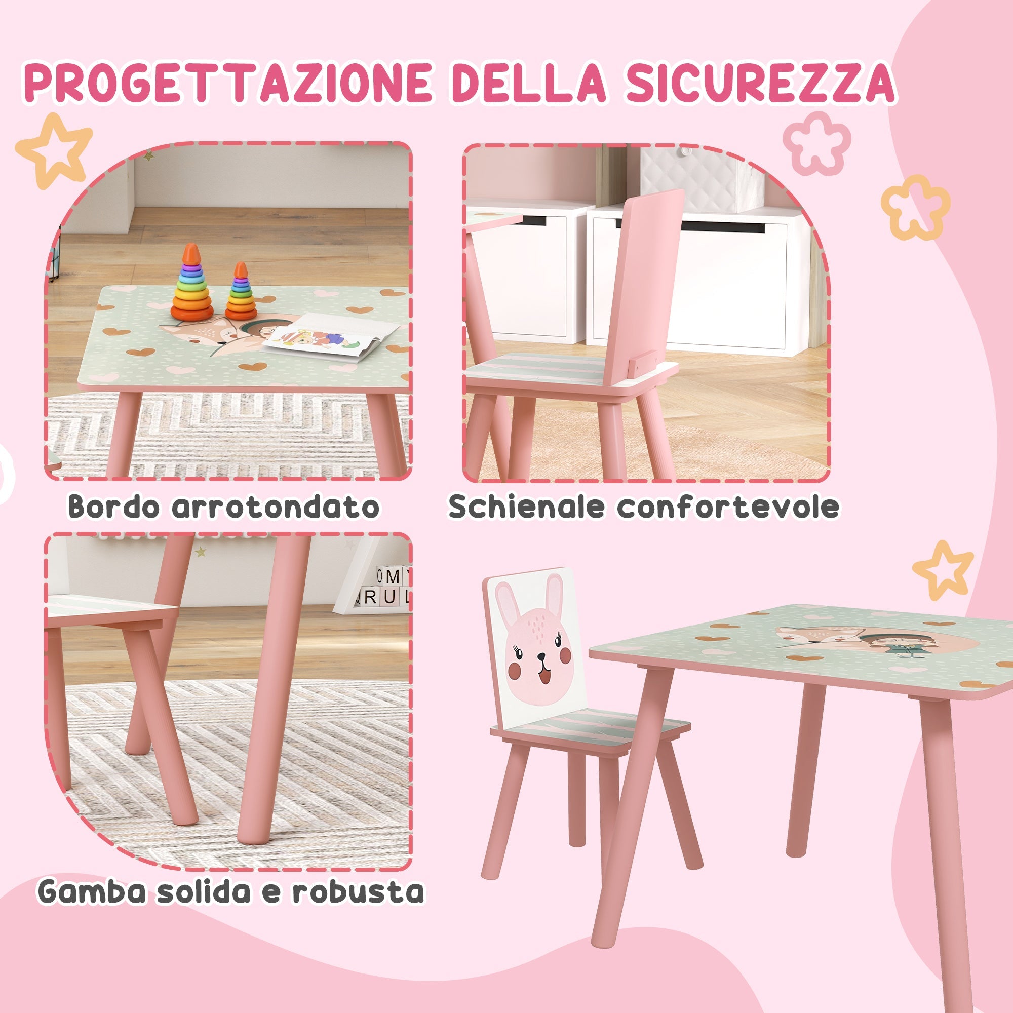 EasycomfortZONEKIZ Set Tavolo e Sedie 3 Pezzi per Bambini 3-8 Anni in MDF e Legno di Pino with Disegni di Animali, Rosa