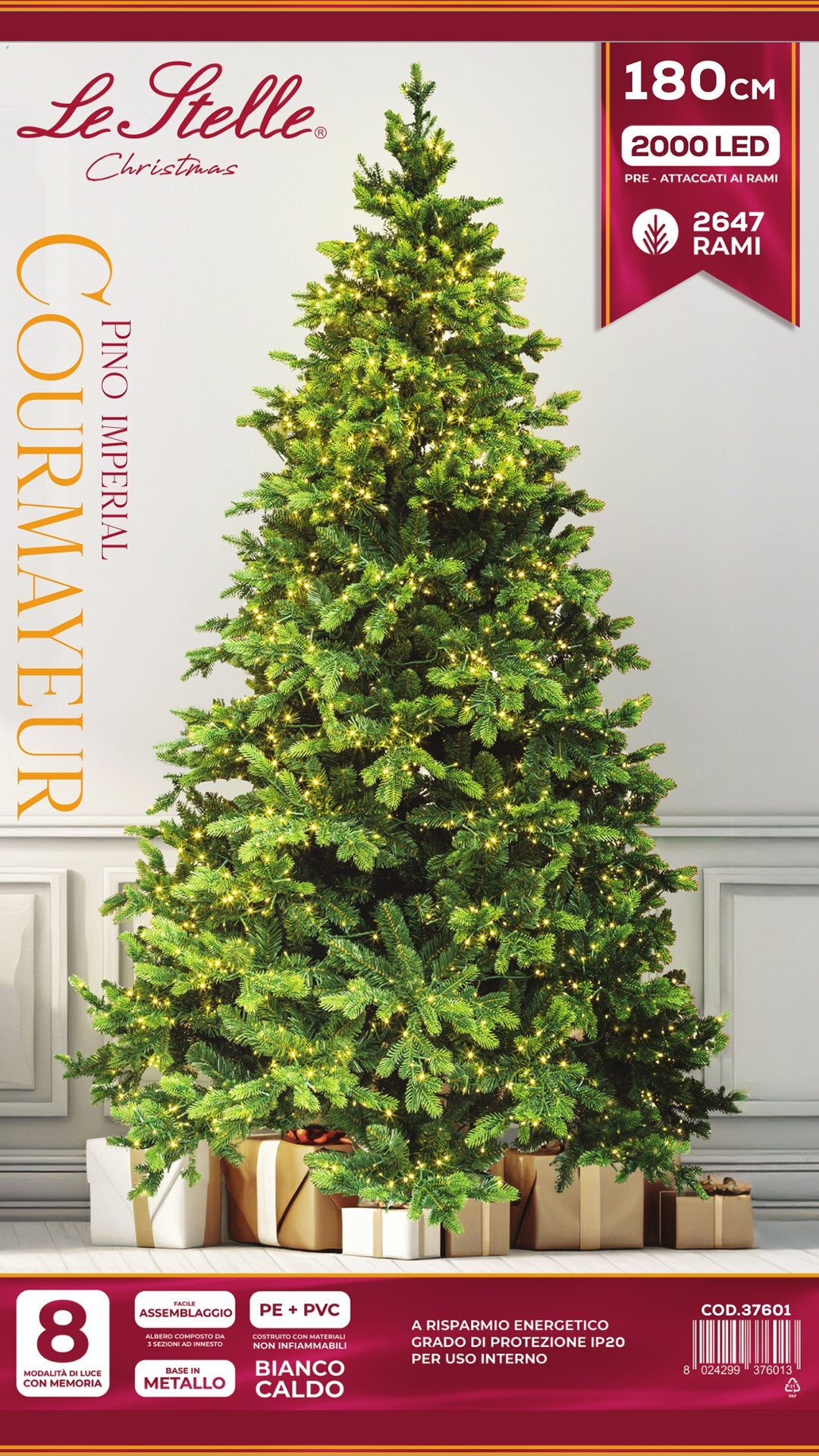 Albero di Natale Artificiale Verde Le Stelle Courmayeur H 180cm x L 120cm Super Folto with 2000 Luci Led Incorporate 2647 Rami