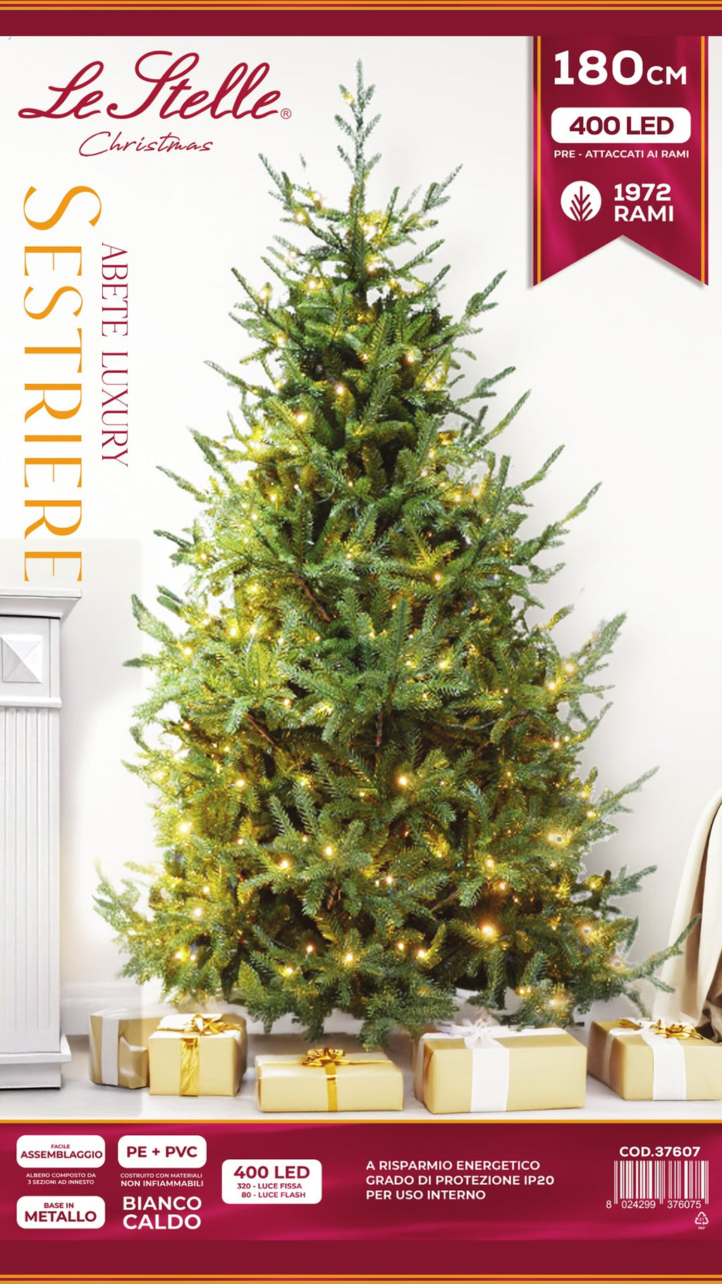 Albero di Natale Artificiale Verde Le Stelle Sestriere H 180cm x L 145cm Super Folto with 400 Luci Led + 20 Luci Flash Incorporate 1972 Rami