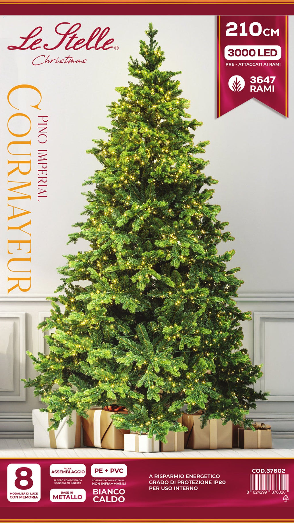 Albero di Natale Artificiale Verde Le Stelle Courmayeur H 210cm x L 135cm Super Folto with 3000 Luci Led Incorporate 3647 Rami