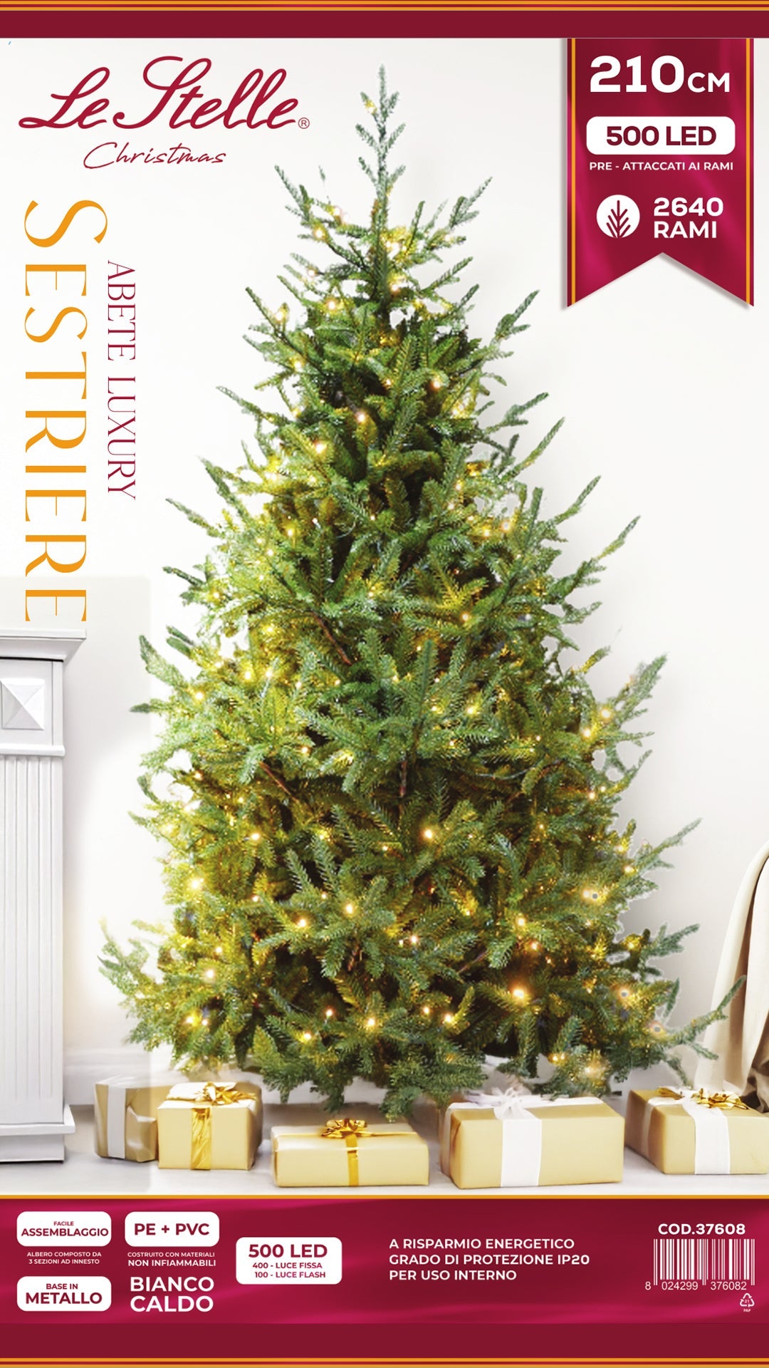 Albero di Natale Artificiale Verde Le Stelle Sestriere H 210cm x L 150cm Super Folto with 500 Luci Led + 20 Luci Flash Incorporate 2640 Rami