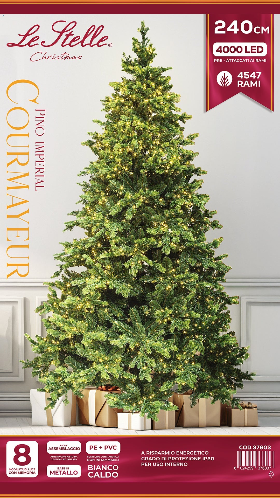Albero di Natale Artificiale Verde Le Stelle Courmayeur H 240cm x L 150cm Super Folto with 4000 Luci Led Incorporate 4547 Rami