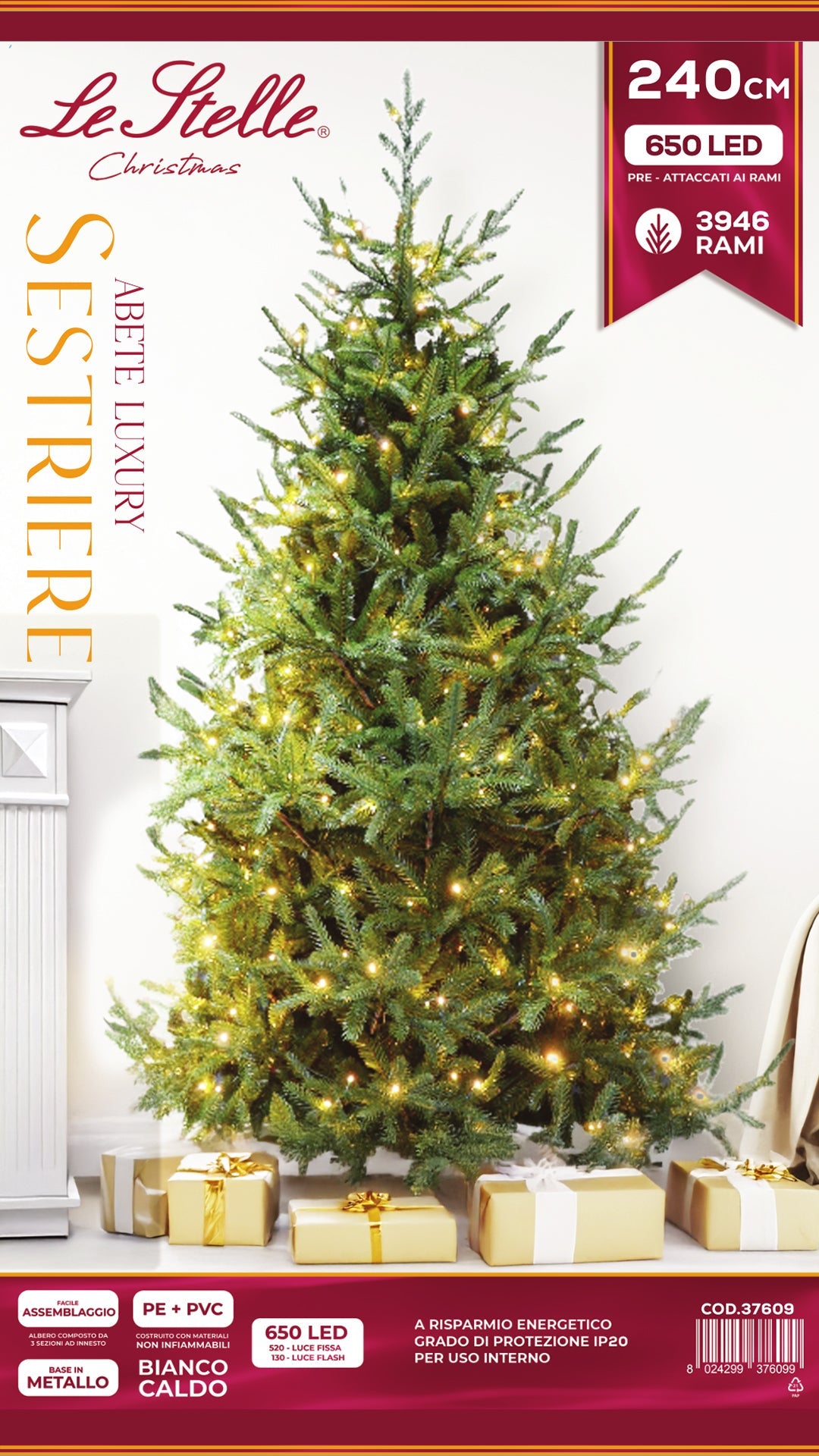 Albero di Natale Artificiale Verde Le Stelle Sestriere H 240cm x L 160cm Super Folto with 650 Luci Led + 20 Luci Flash Incorporate 3946 Rami