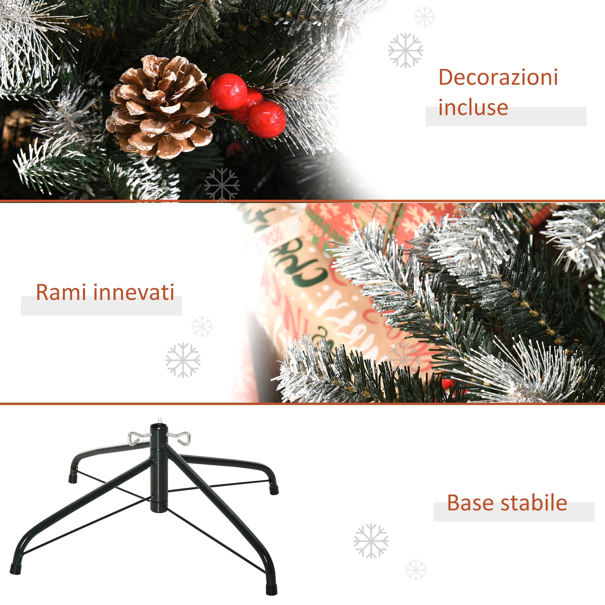 Easycomfort Albero di Natale Innevato 180cm with Bacche Rosse e Pigne Bianche, Base Rimovibile Pieghevole, 678 Rami, Verde