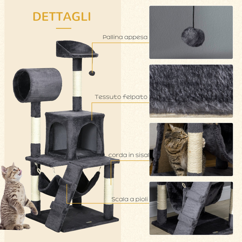 EASYCOMFORT Cat Tree with Cat Scratching Post, Cat House, Hammock, Bed, Tunnel and Ball, 48x48 x125 cm, Dark Gray