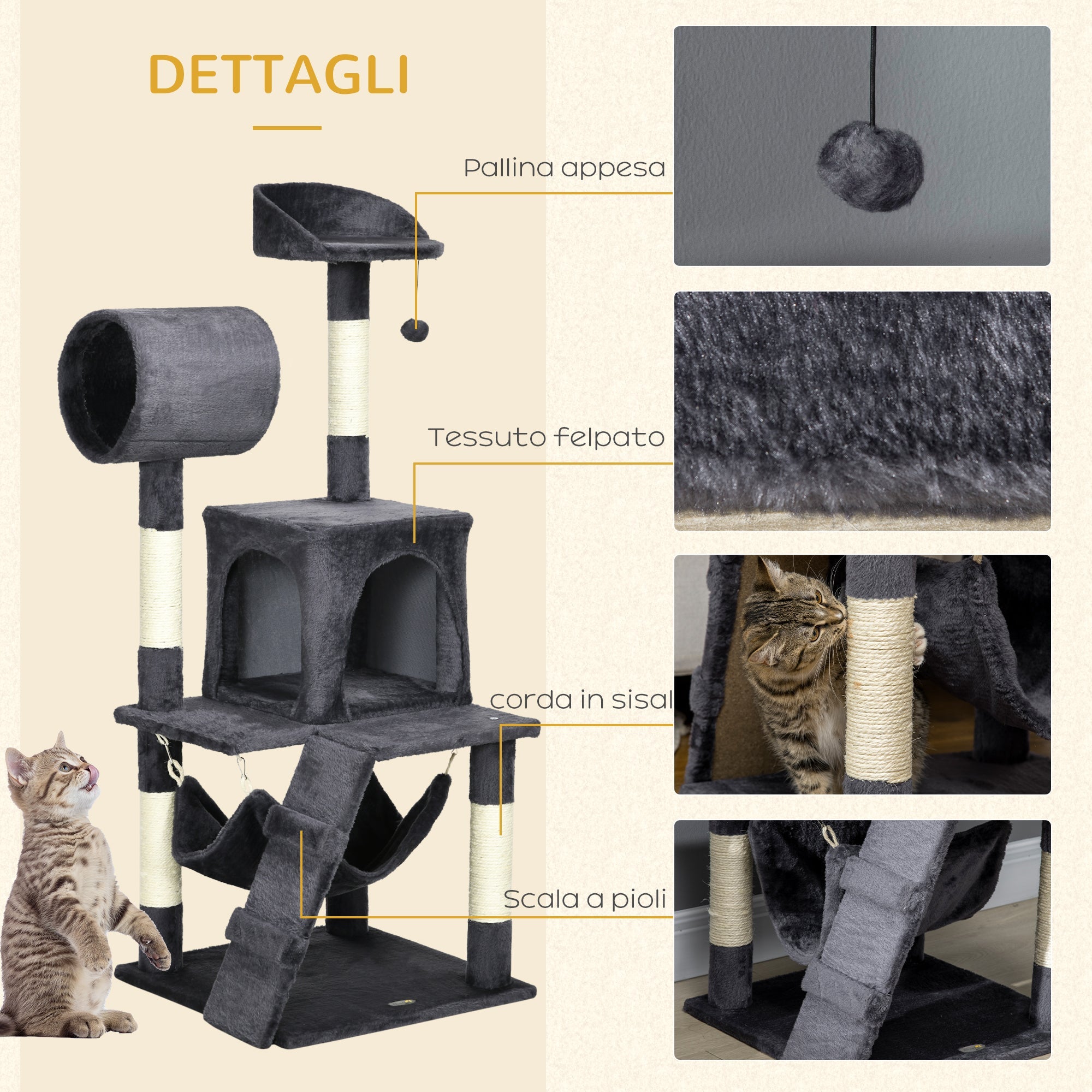 EASYCOMFORT Cat Tree with Cat Scratching Post, Cat House, Hammock, Bed, Tunnel and Ball, 48x48 x125 cm, Dark Gray