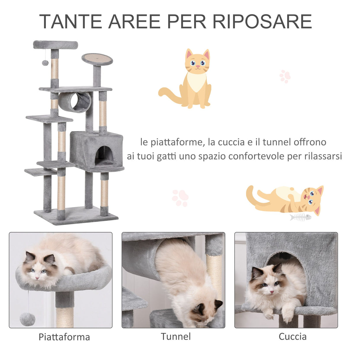 EasyComfort Albero 165 cm krabpaal voor katten, 5 platforms, max 4.5 kg