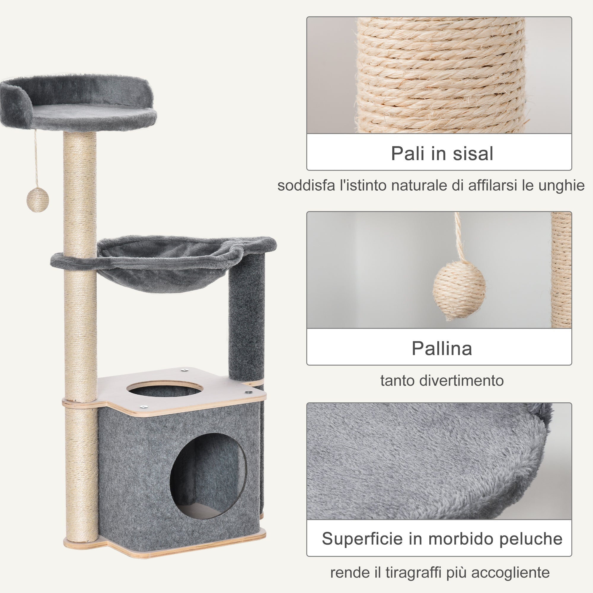 EASYCOMFORT Multilevel Scratching Post Tree for Adult Cats, Cat Gym with House, Hammock, Kennel and Sisal Ropes, 48x34x95cm, Gray