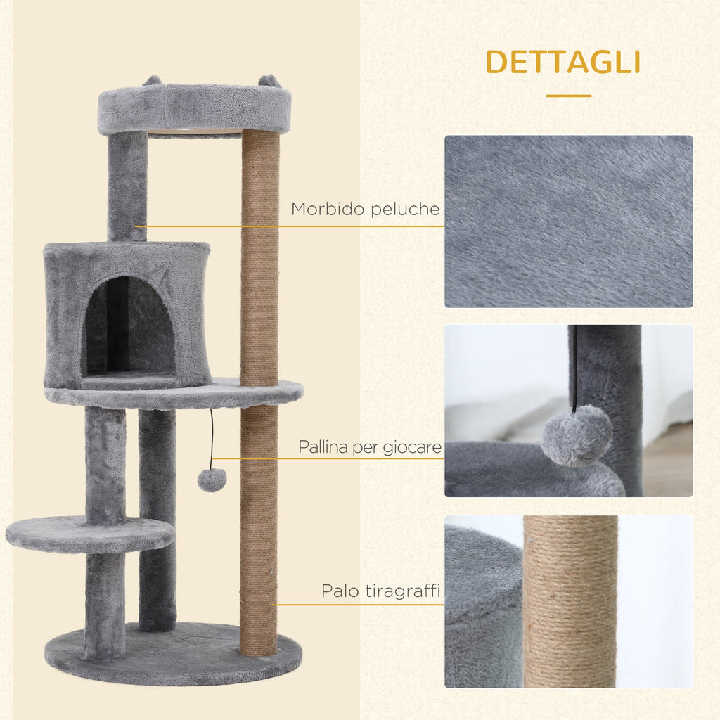 EASYCOMFORT Scratching Tree for 1-2 Cats weighing 4.5kg, Gym Castle for Cats with 3 Levels, Kennel, Bed and Sisal Rope Pole, Gray 48x48x104cm