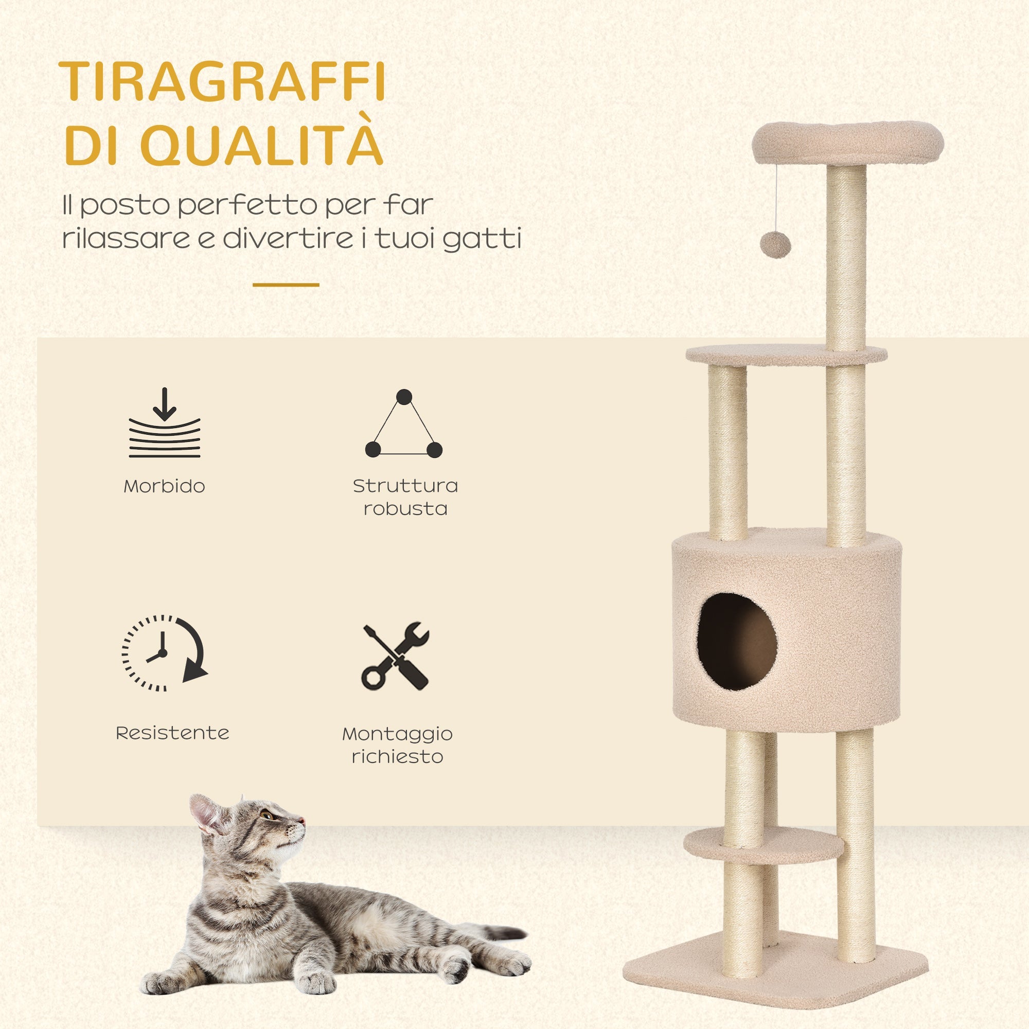 EASYCOMFORT Sturdy Scratching Post for Cats with 5 Levels, Kennel, House, Games and Sisal Rope, Beige, Max 30kg