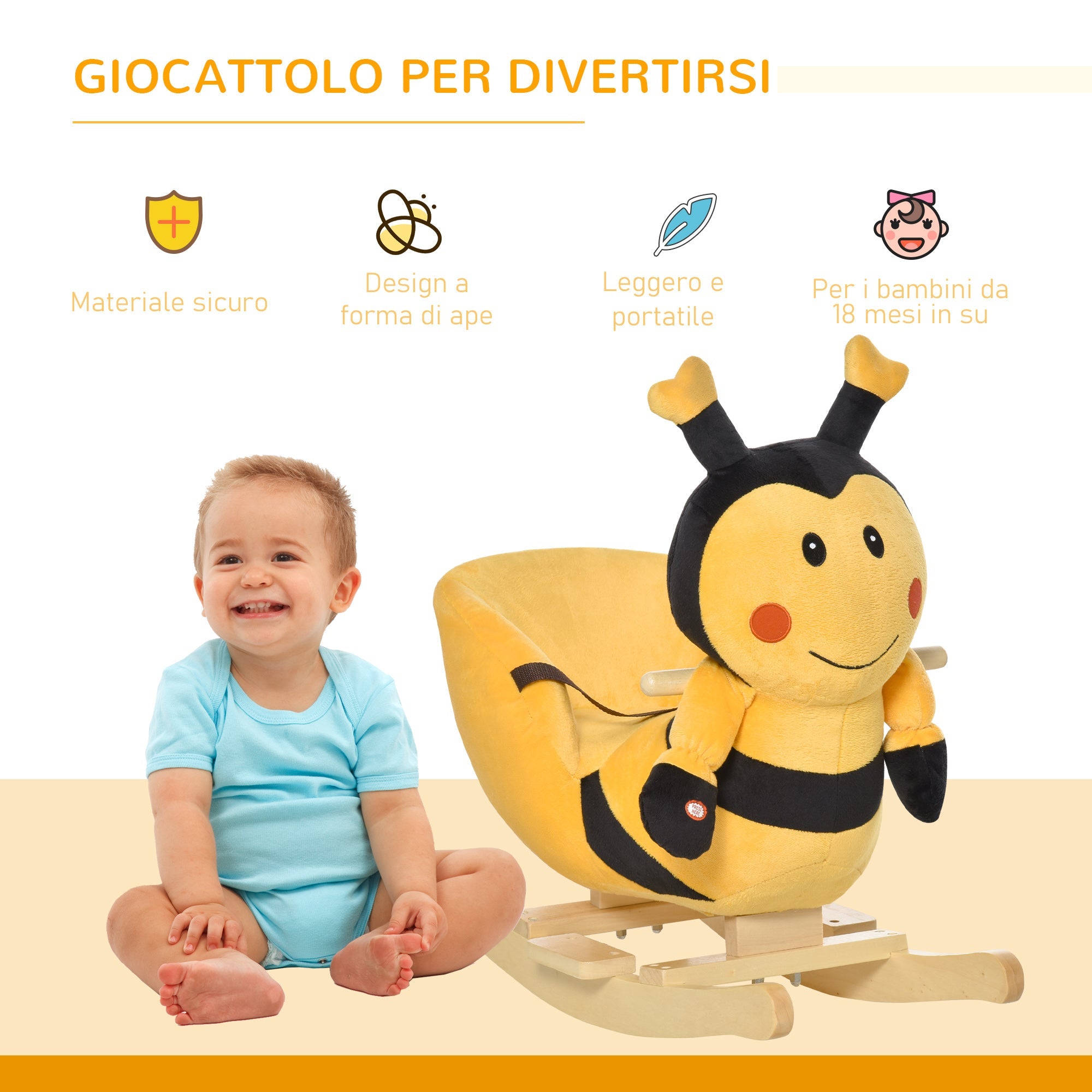 Easycomfort Animale a Dondolo per Bambini a forma di Ape in Legno di Pioppo with Musica, 60x33x45 cm, Giallo e black