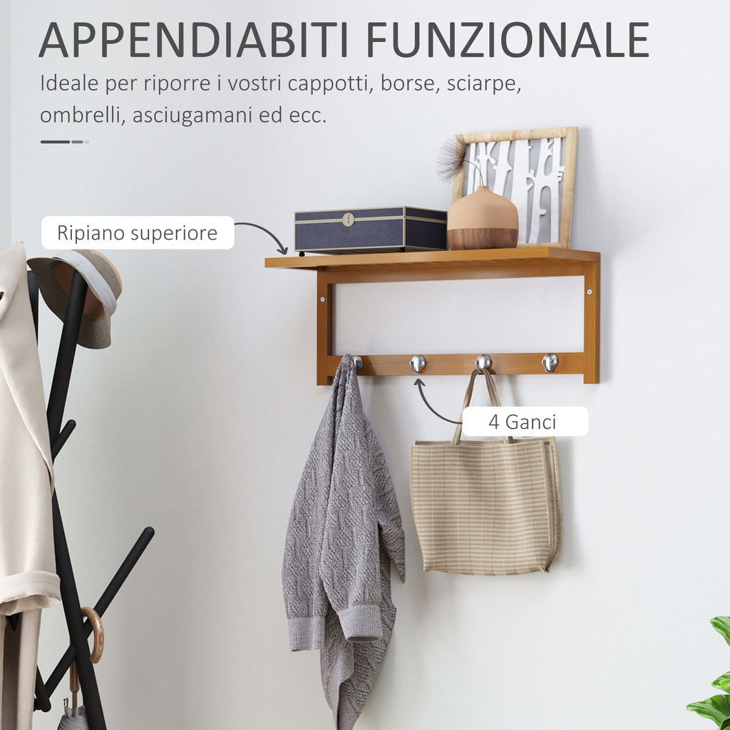 Easycomfort Appendiabiti with Mensola Attaccapanni wall-mounted with Ripiano Bambù 50 × 16 × 17.5cm