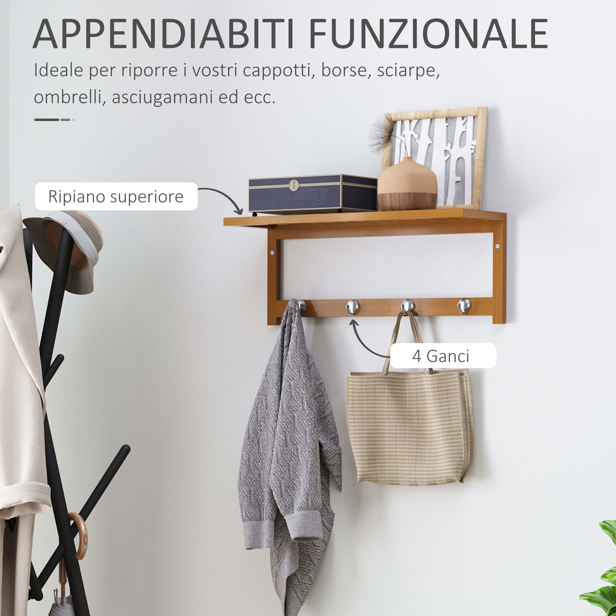 Easycomfort Appendiabiti with Mensola Attaccapanni wall-mounted with Ripiano Bambù 50 × 16 × 17.5cm