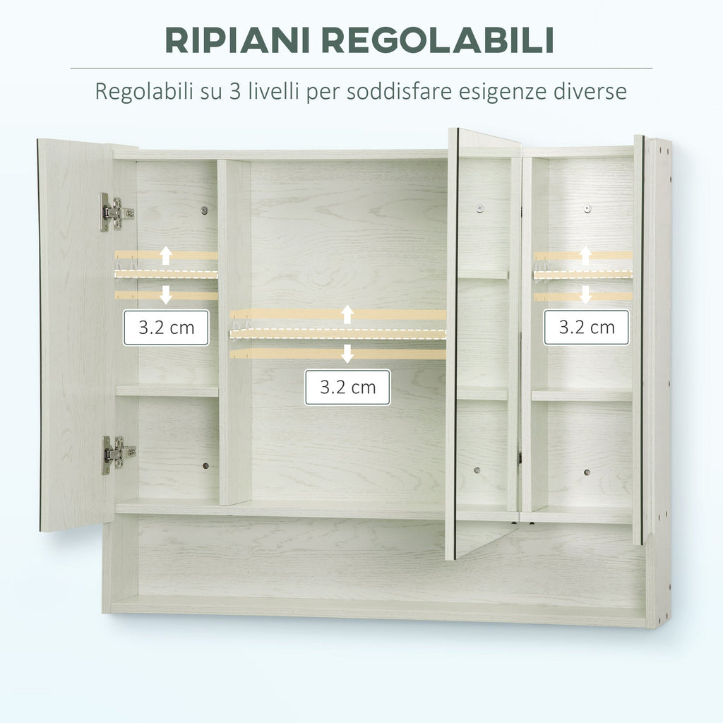 EasyComfort Armadietto Moderno da Bagno with Specchio a 4 Sezioni with Ripiani Regolabili, wall-mounted in Legno e Vetro, 90x15x75 cm, Grigio