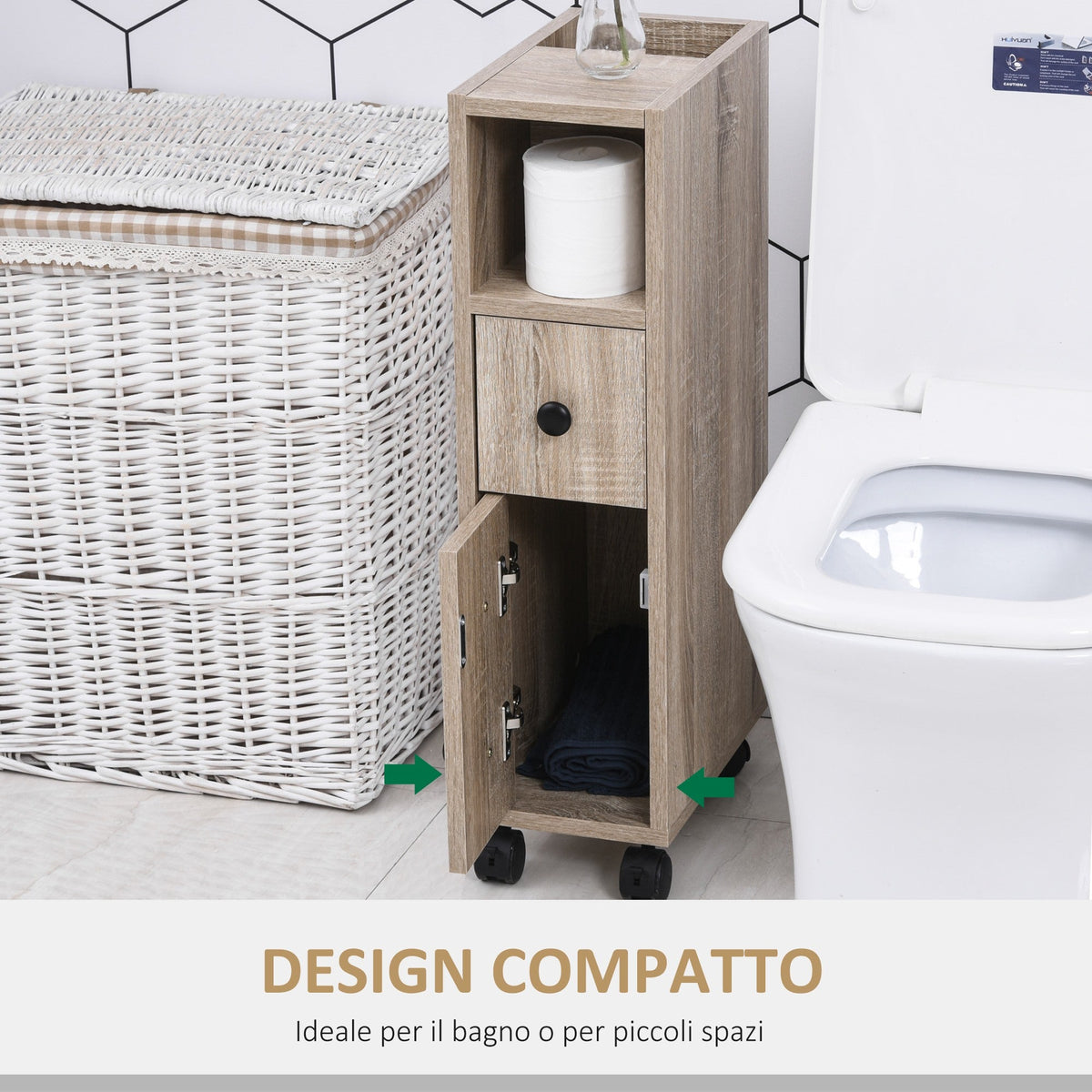 EasyComfort Kolomkast met wielen, 1 lade, 1 deur, 2 planken 18x30x68.5 cm