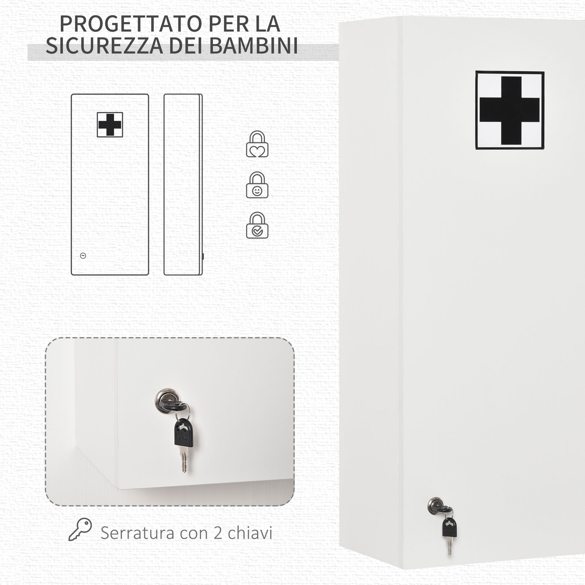 Easycomfort Armadietto Medicinali a Muro with Serratura, 5 Ripiani e Mensole Regolabili, in Legno e Vetro, white, 30x20x70cm