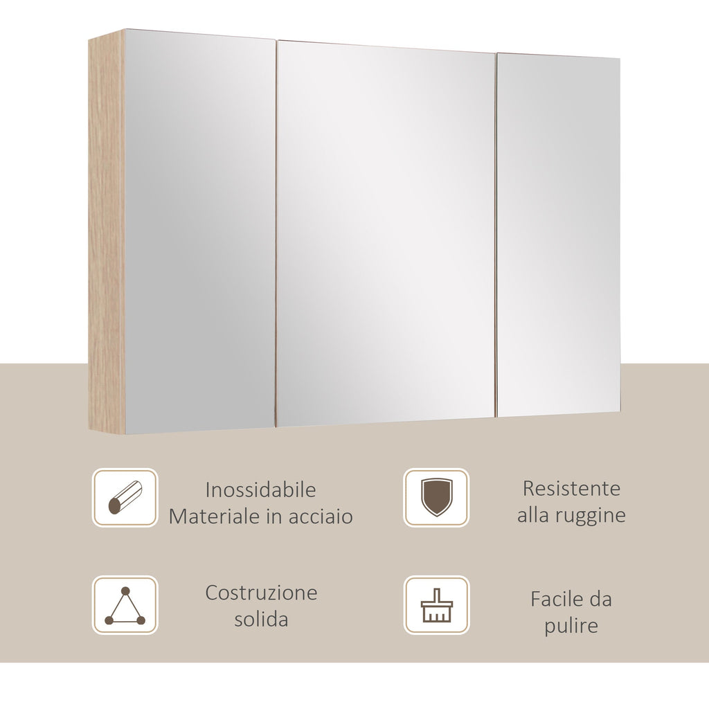 Easycomfort Armadietto Pensile da Bagno wall-mounted with Specchio a 3 Ante e Ripiani Regolabili in Legno 90x60x13.5cm