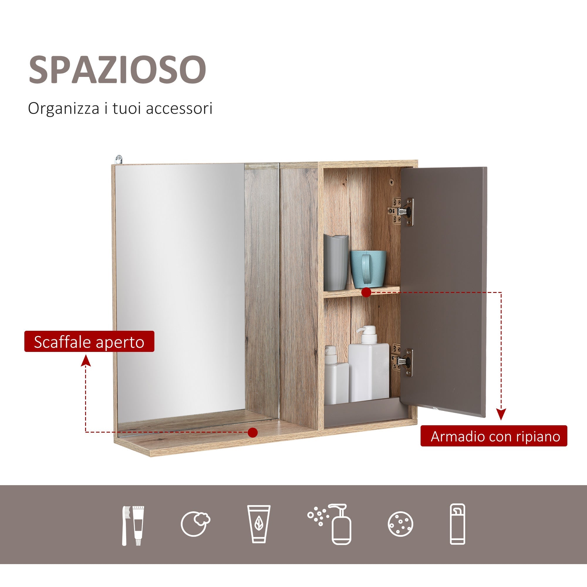 EasyComfort Mobiletto Bagno Salvaspazio da Bagno Sospeso with Specchio e Armadietto, incluso Ripiano Regolabile, Grigio e Rovere