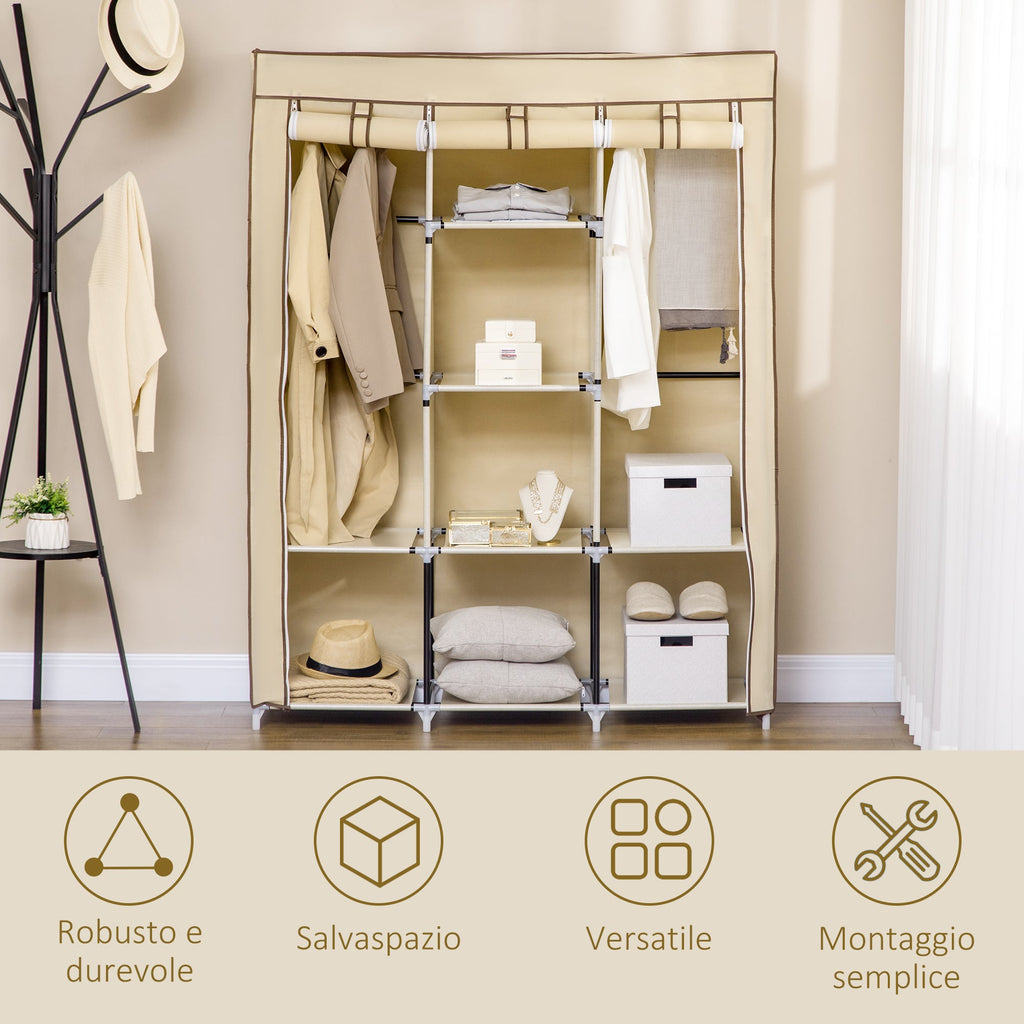 Easycomfort Armadio in Tessuto with 8 Ripiani e 2 Barre with Porta Avvolgibile, 125x46x162.5cm, Beige
