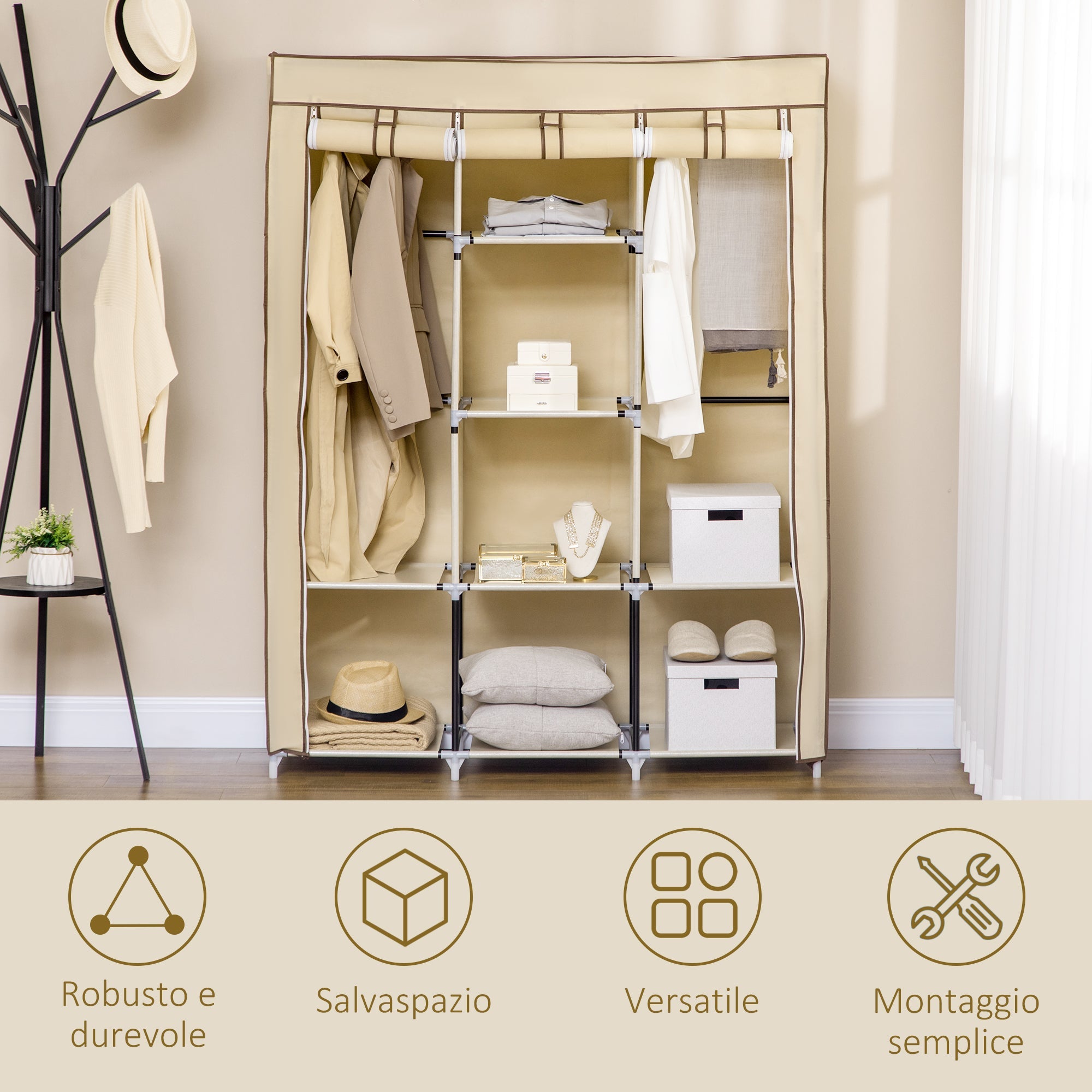 Easycomfort Armadio in Tessuto with 8 Ripiani e 2 Barre with Porta Avvolgibile, 125x46x162.5cm, Beige
