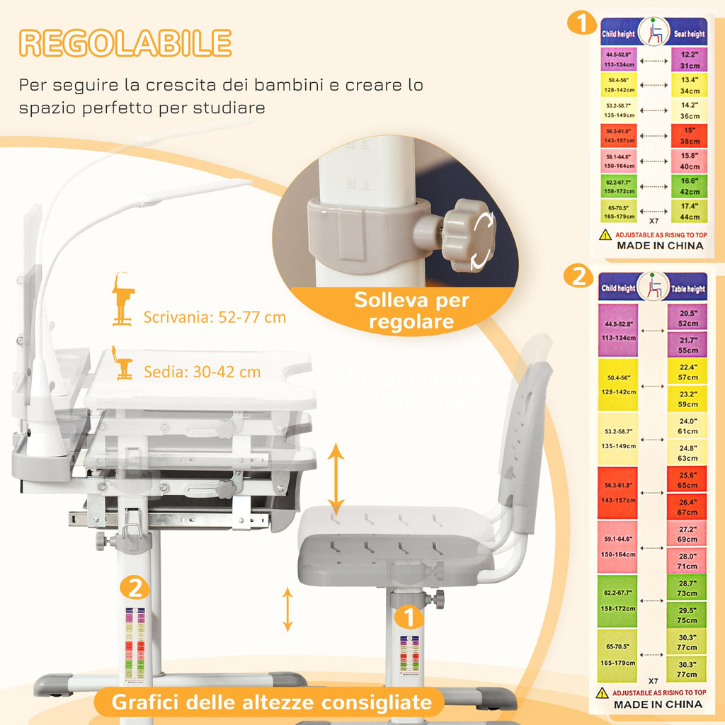 EasyComfort Banco Scuola kinderbureau set, verstelbaar, grijs