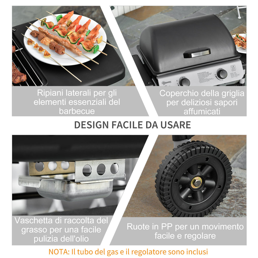 EASYCOMFORT Gas Barbecue with Lid, 5.6kW Burners, BBQ and Wheels, 104x49x99cm