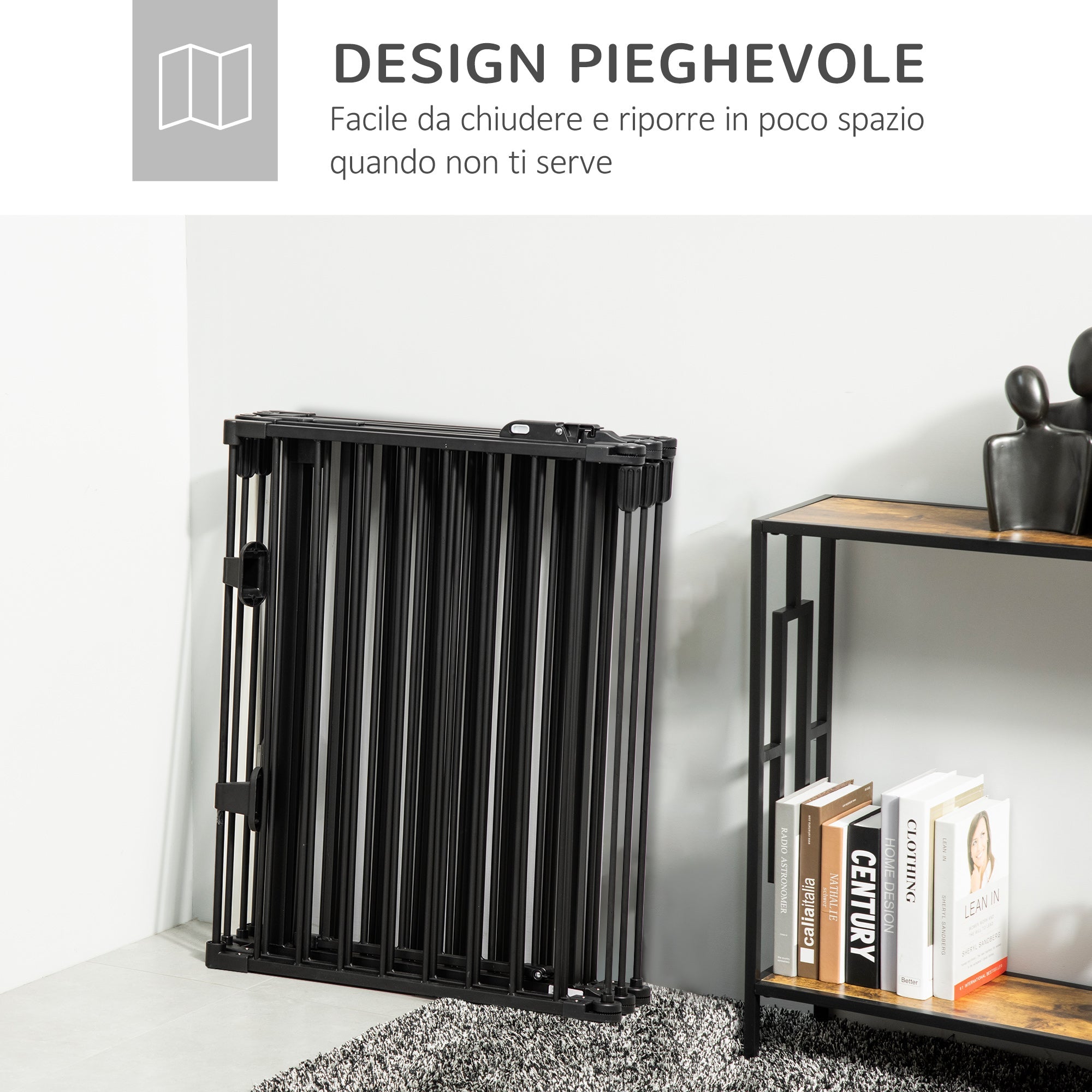 Easycomfort Cancelletto di Sicurezza Pieghevole 6 Sezioni, Cancellino Barriera per Cani in Acciaio, Sistema di Blocco e Chiusura Automatica, black