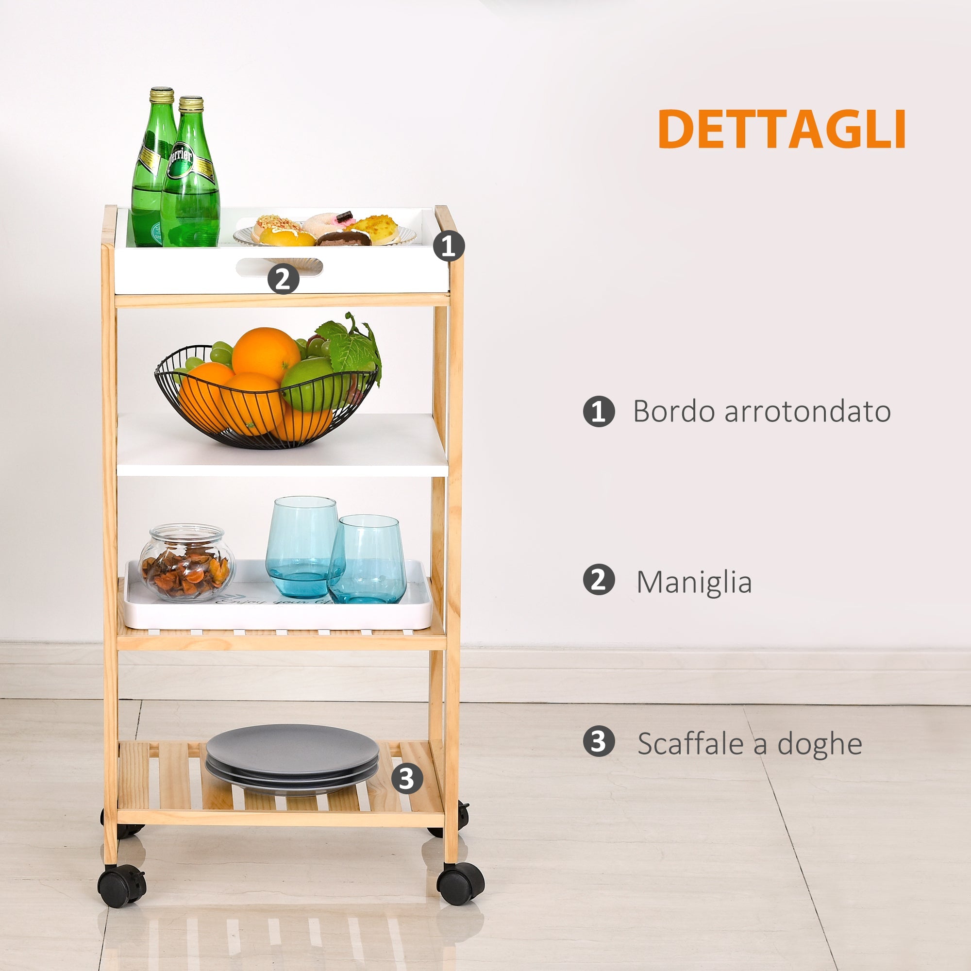 Easycomfort Carrello da Cucina a 4 Livelli in MDF e Legno di Pino with 4 Ruote Girevoli, 40x30x76 cm, white e Marrone