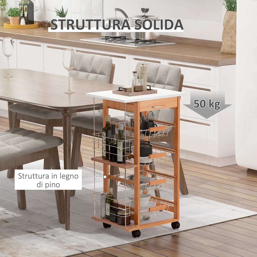 EasyComfort Keukentrolley bruin hout — 1 lade, 4 metalen manden