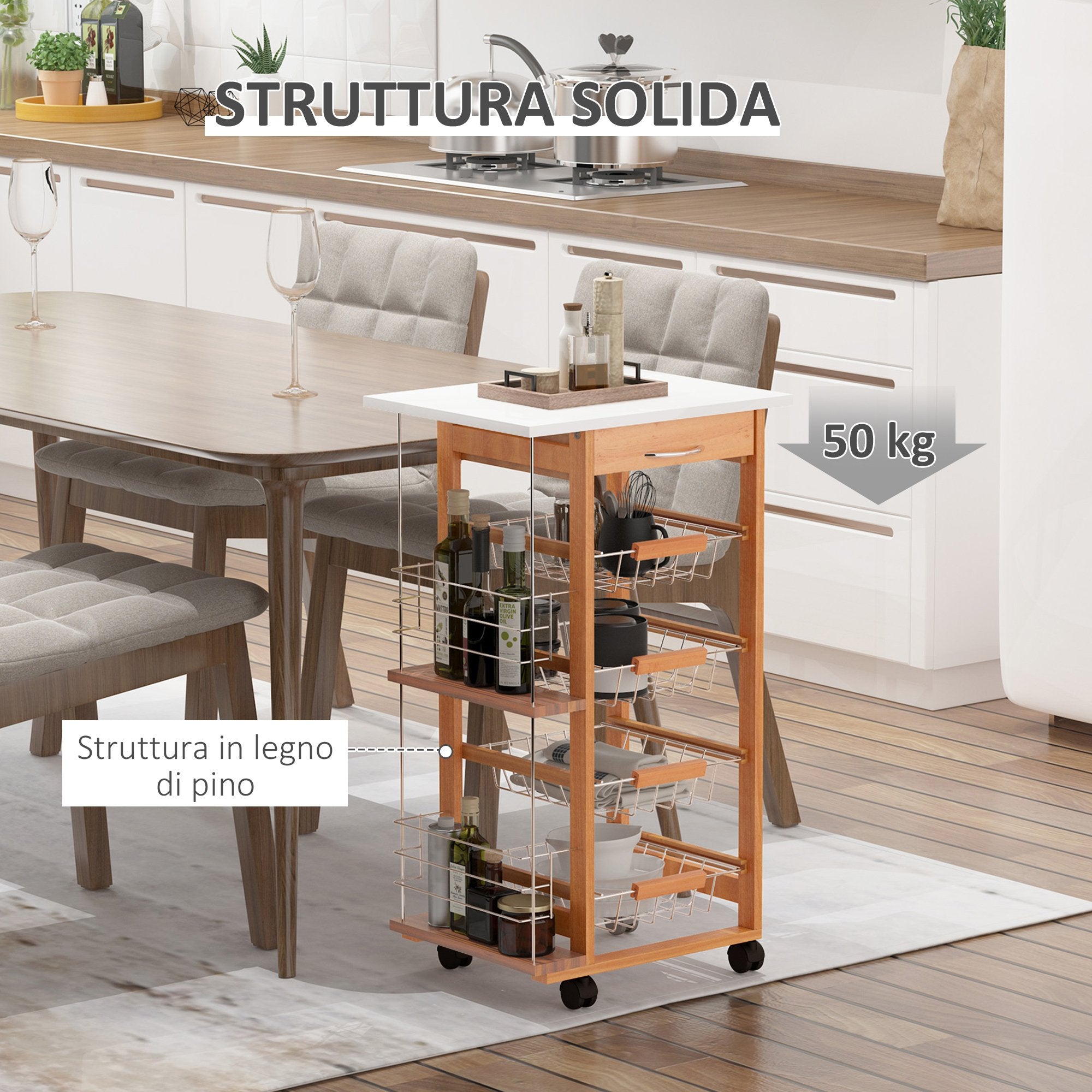 EasyComfort Keukentrolley bruin hout — 1 lade, 4 metalen manden