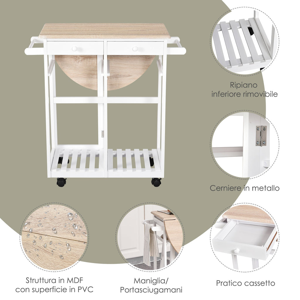Easycomfort Carrello da Cucina Pieghevole, Mobile da Cucina Salvaspazio with 2 Sgabelli 2 Cassetti 5 Ruote (Rotazione 360°), Legno MDF white