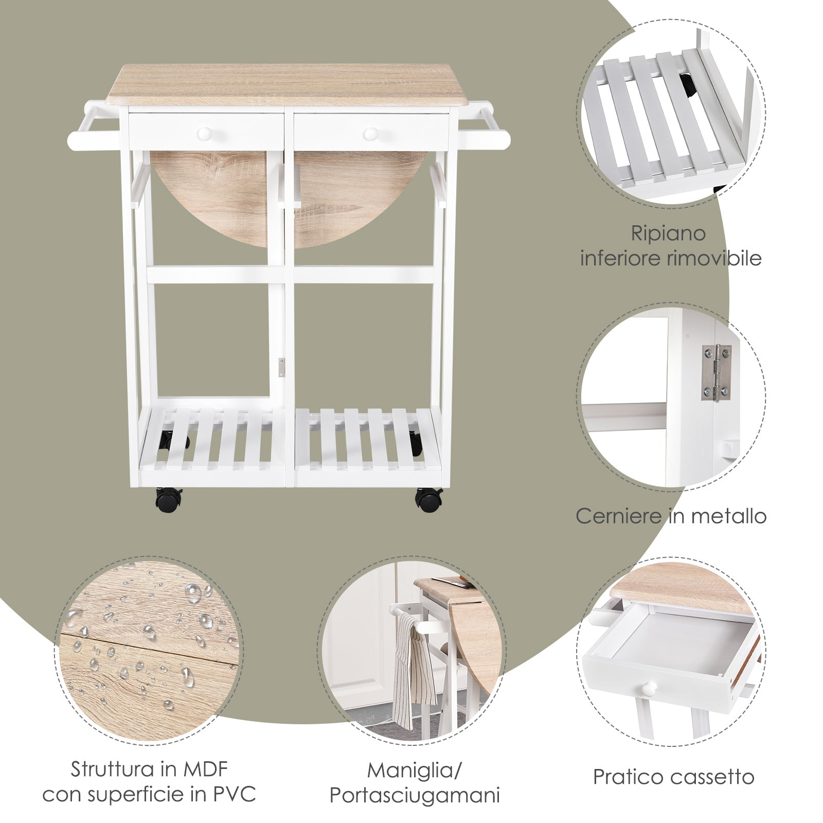 Easycomfort Carrello da Cucina Pieghevole, Mobile da Cucina Salvaspazio with 2 Sgabelli 2 Cassetti 5 Ruote (Rotazione 360°), Legno MDF white