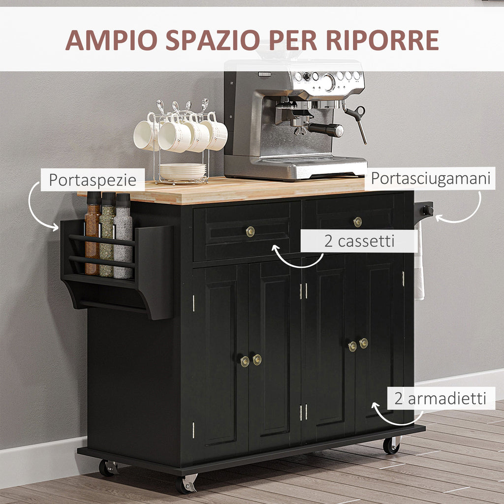 Easycomfort Carrello da Cucina Portavivande with Cassetti, Armadietti e Portaspezie, in Legno e MDF, 111x44.5x82.5 cm, black