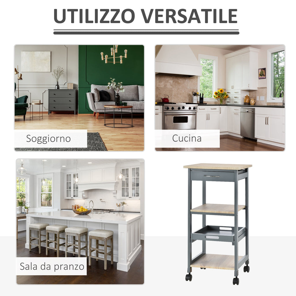 Easycomfort Carrello da Cucina Portavivande with Cassetto, 2 Ripiani e Vassoio Estraibile, 37x37x76cm, Grigio