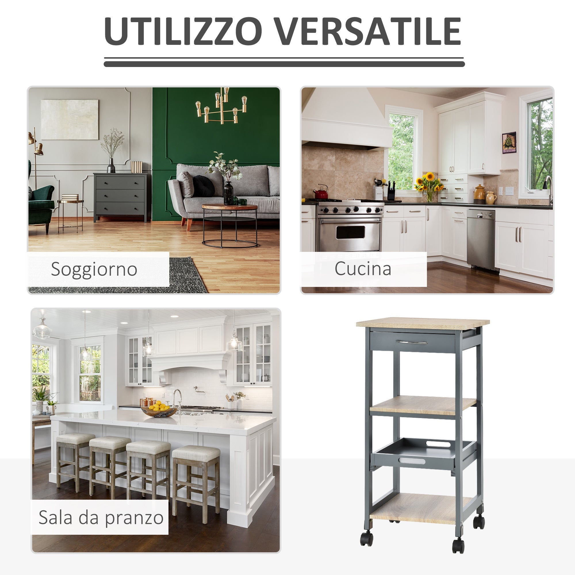 Easycomfort Carrello da Cucina Portavivande with Cassetto, 2 Ripiani e Vassoio Estraibile, 37x37x76cm, Grigio