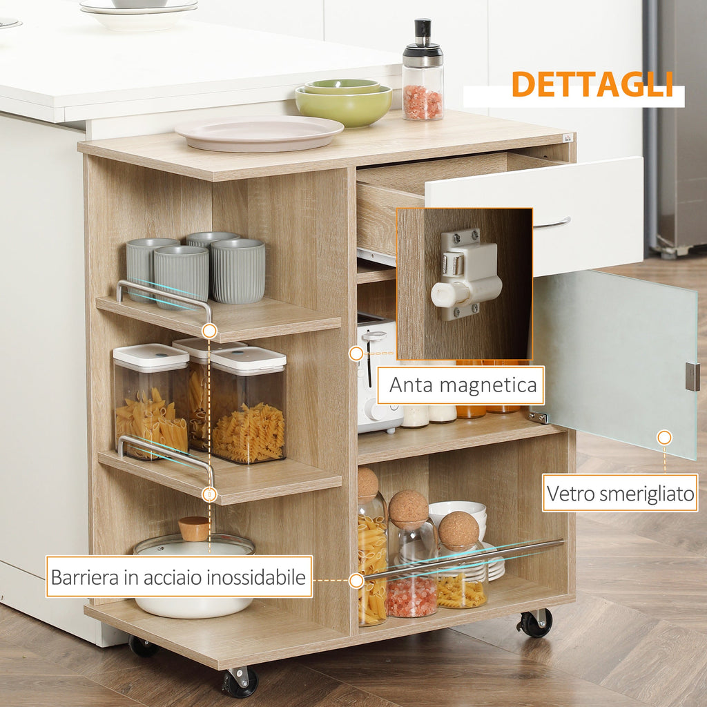 Easycomfort Carrello da Cucina Portavivande with Cassetto, Ripiani e Armadietto in Legno, Acciaio e Vetro, 65x39x80cm