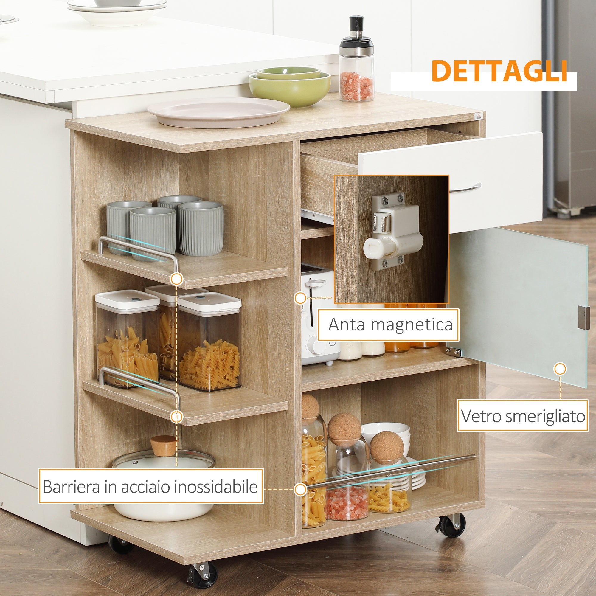 Easycomfort Carrello da Cucina Portavivande with Cassetto, Ripiani e Armadietto in Legno, Acciaio e Vetro, 65x39x80cm