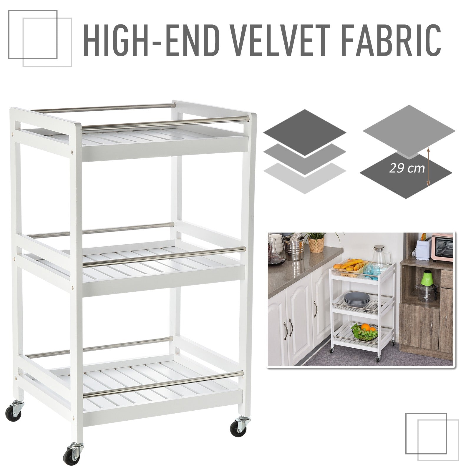 Easycomfort Carrello da Cucina Portavivande in Legno with 3 Ripiani e Ruote, 45x38x78cm, white