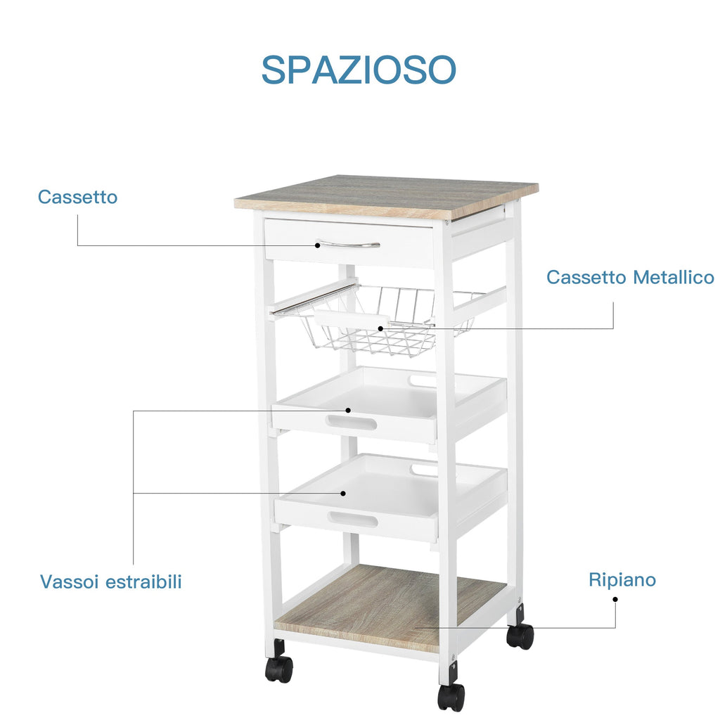 Easycomfort Carrello da Cucina Salvaspazio in Legno di Pino e MDF, Carrello Portaoggetti with Cassetto, Cestello, 2 Vassoi e 4 Ruote Universale, 37x37x82cm, white