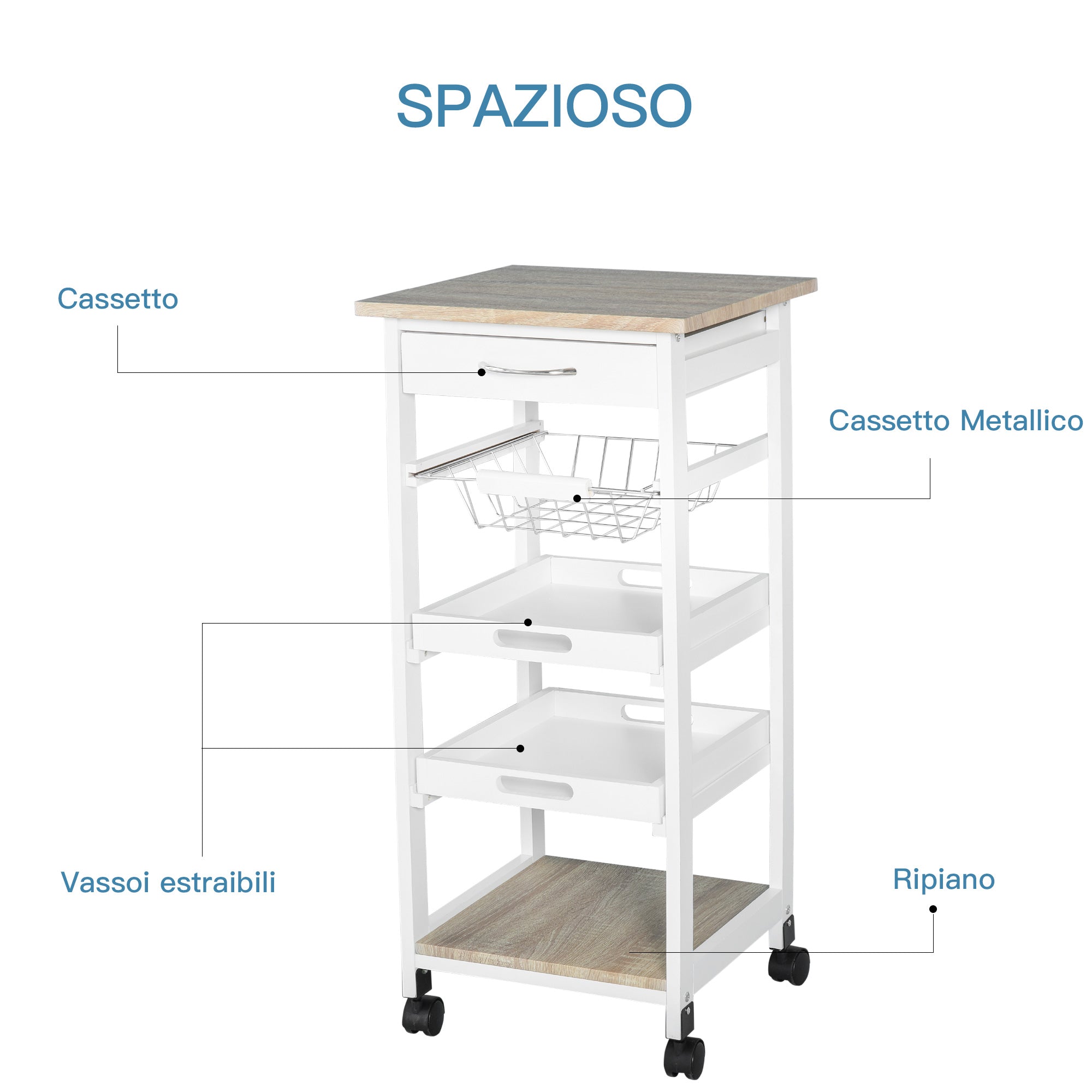 Easycomfort Carrello da Cucina Salvaspazio in Legno di Pino e MDF, Carrello Portaoggetti with Cassetto, Cestello, 2 Vassoi e 4 Ruote Universale, 37x37x82cm, white