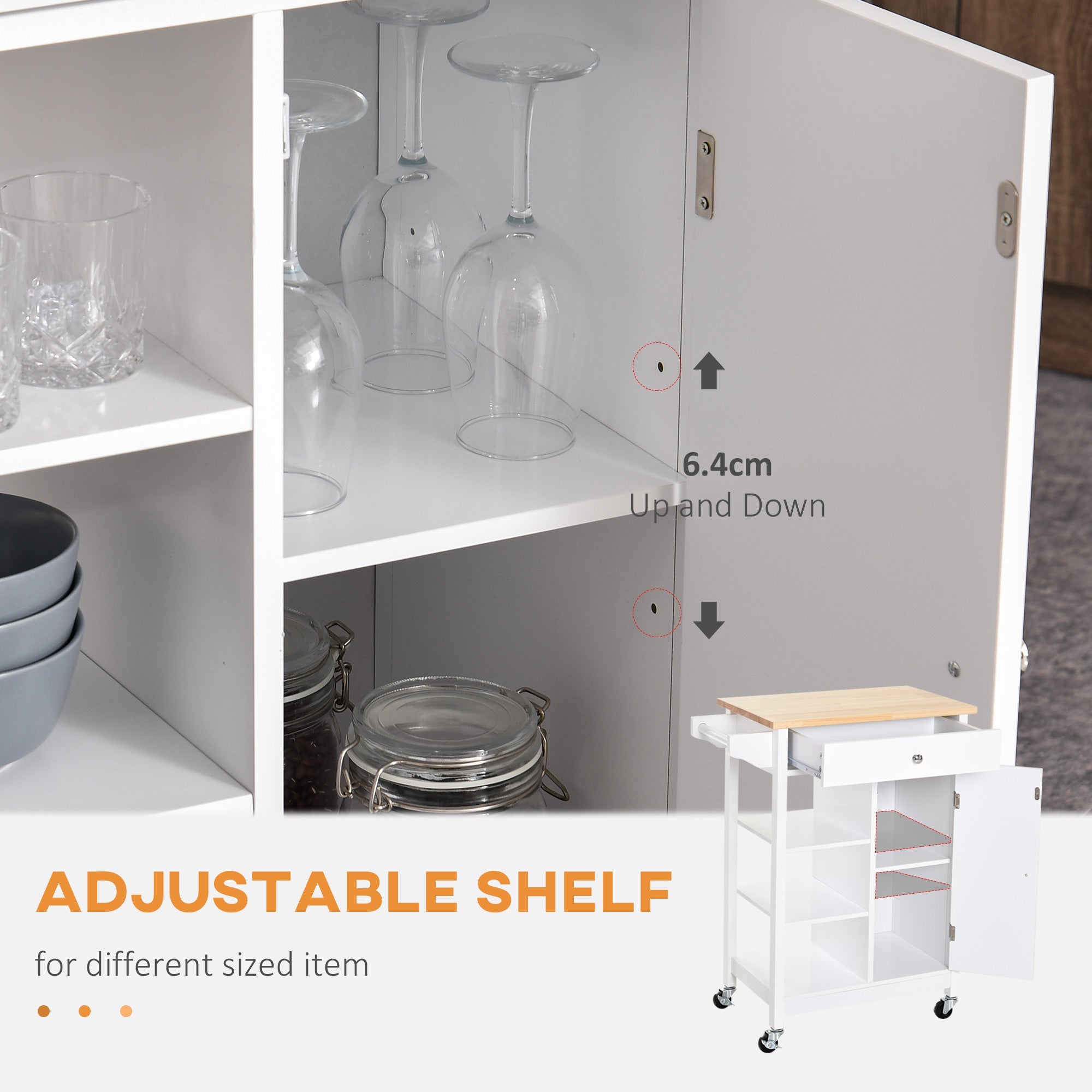 Easycomfort Carrello da Cucina Salvaspazio in Legno MDF white: 1 Cassetto, 1 Armadietto, 3 Mensole e 4 Ruote, 66x39.5x86.5cm