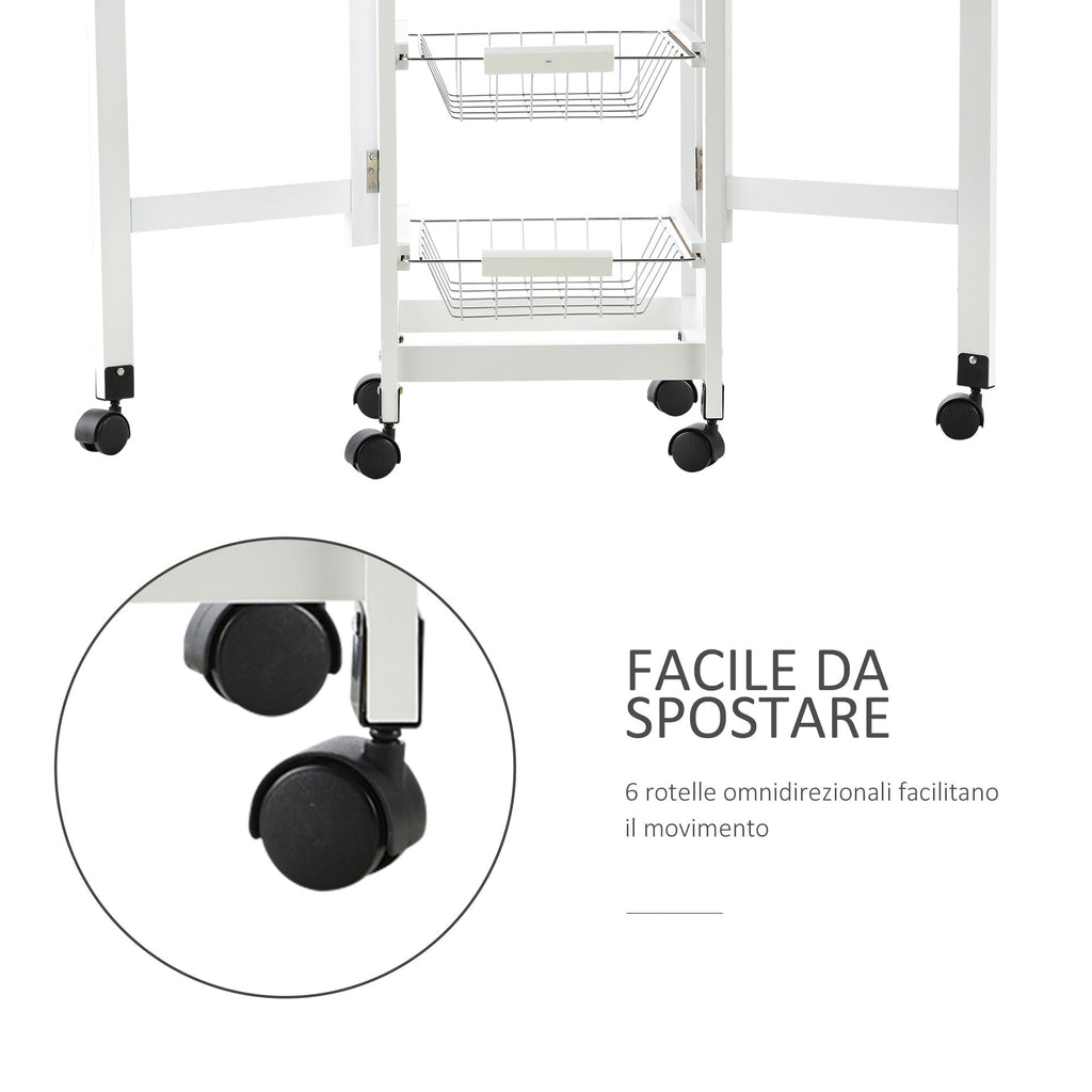 Easycomfort Carrello Portavivande Pieghevole a 6 Ruote with 3 Cestini, Cassetto e 2 Ribalte, Carrellino per Cucina in MDF e Metallo, 37x37x77.5 cm, white e Legno
