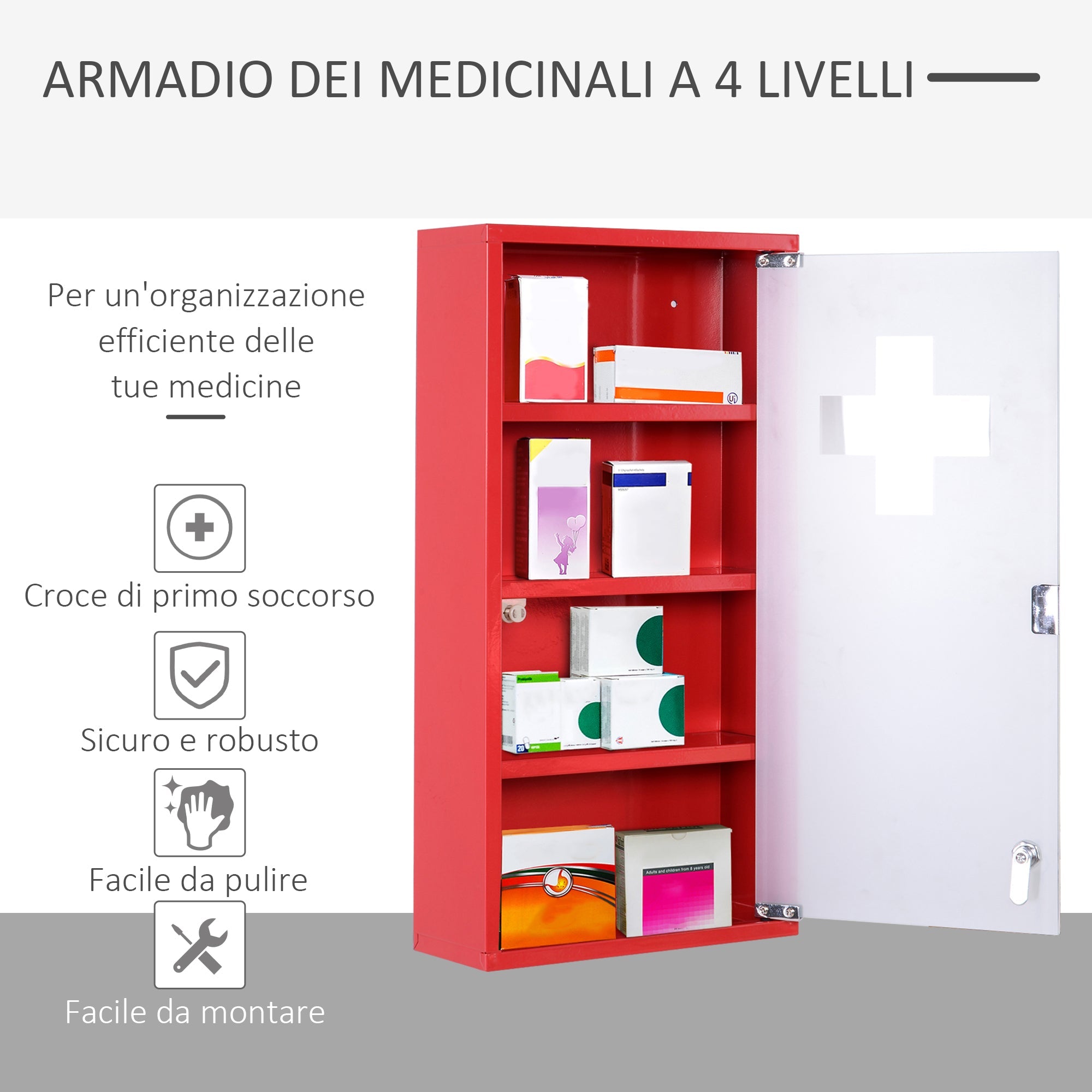 Easycomfort Cassetta Porta Medicine Armadietto Medicinali 4 Livelli Porta in Vetro 60×30×12cm Rosso