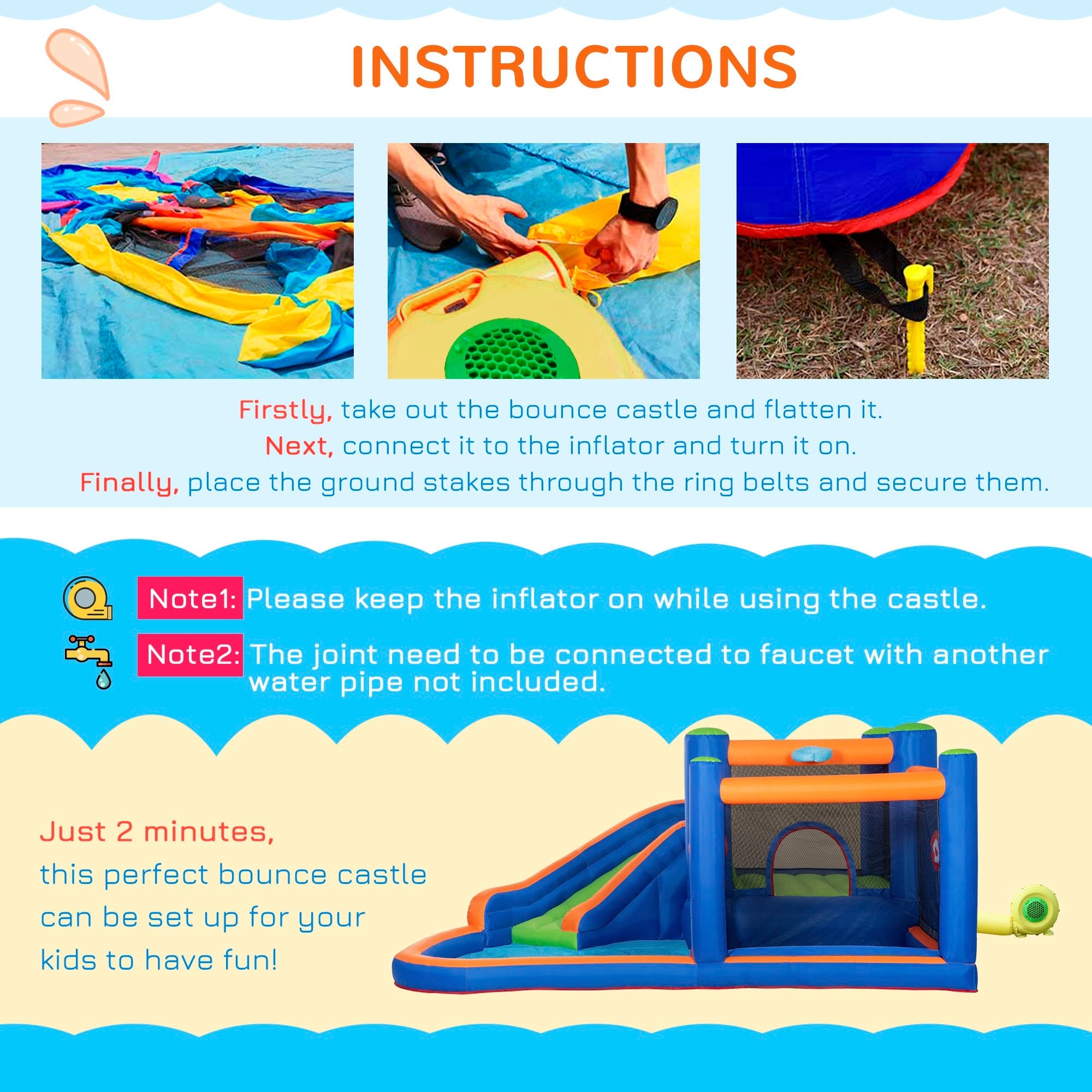 Easycomfort Castello opblaasbaar speelkasteel 3–8 jaar met glijbaan, trampoline en zwembad 380x340x170 cm