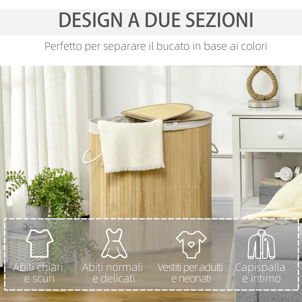 Easycomfort Cesto Portabiancheria a 2 Sezioni, 2 Coperchi e Capacità 100L with Sacca Interna Removibile, 62.5x37x60.5 cm
