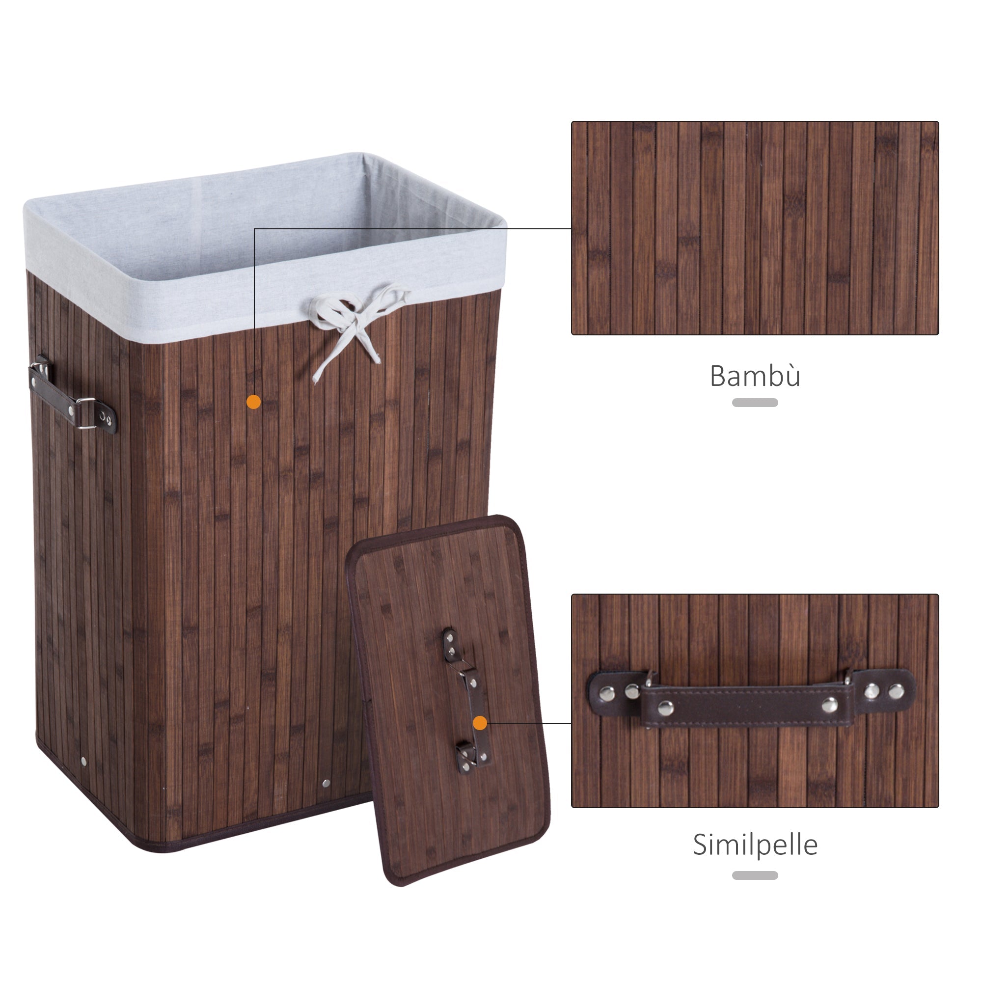 Easycomfort Cesto Portabiancheria in Bambù with Coperchio e Sacco in Tessuto Rimovibile, 40x30x60cm, Marrone