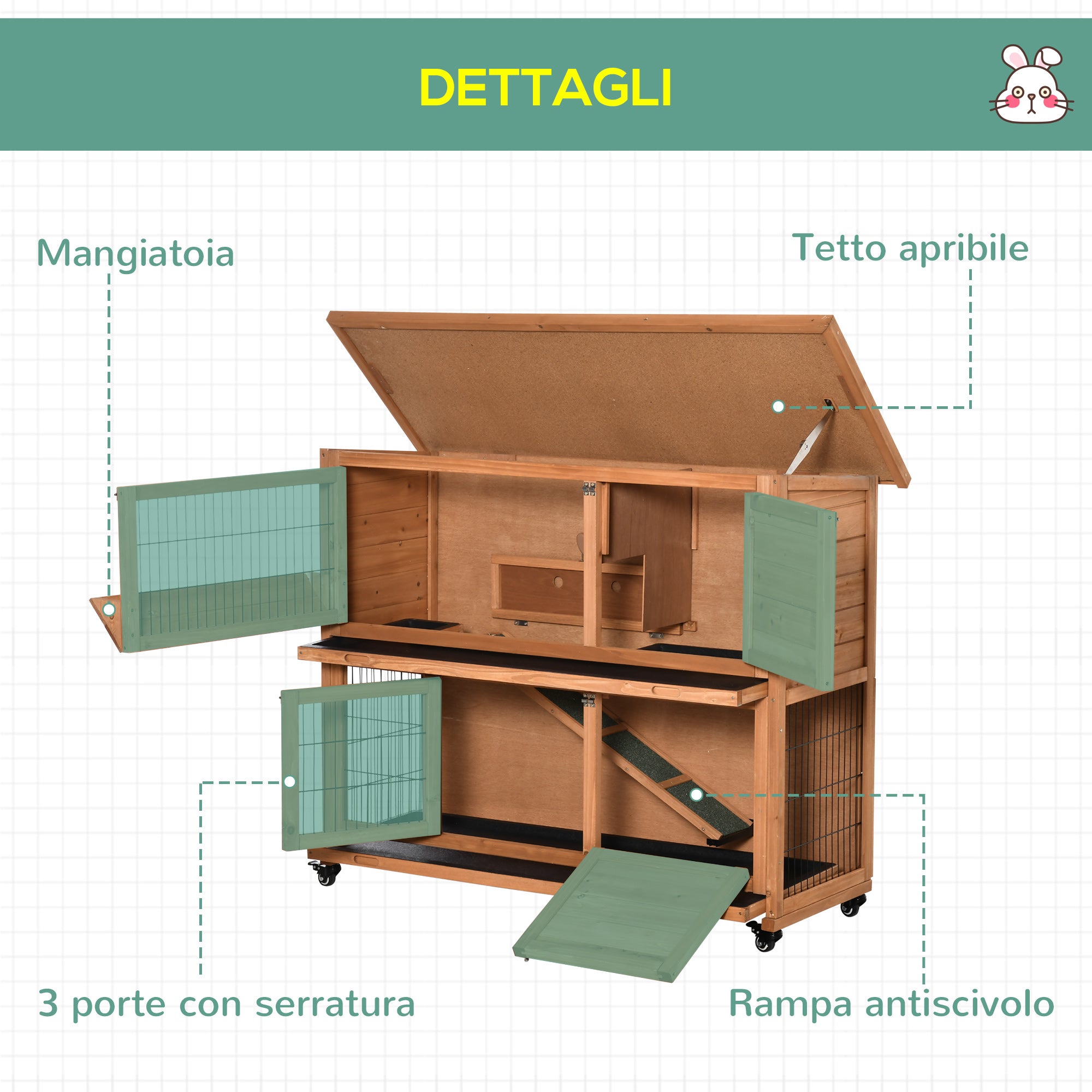 Easycomfort Conigliera in Legno a 2 Livelli with Ruote, Vassoio Estraibile e Rampa, 122x50x101cm