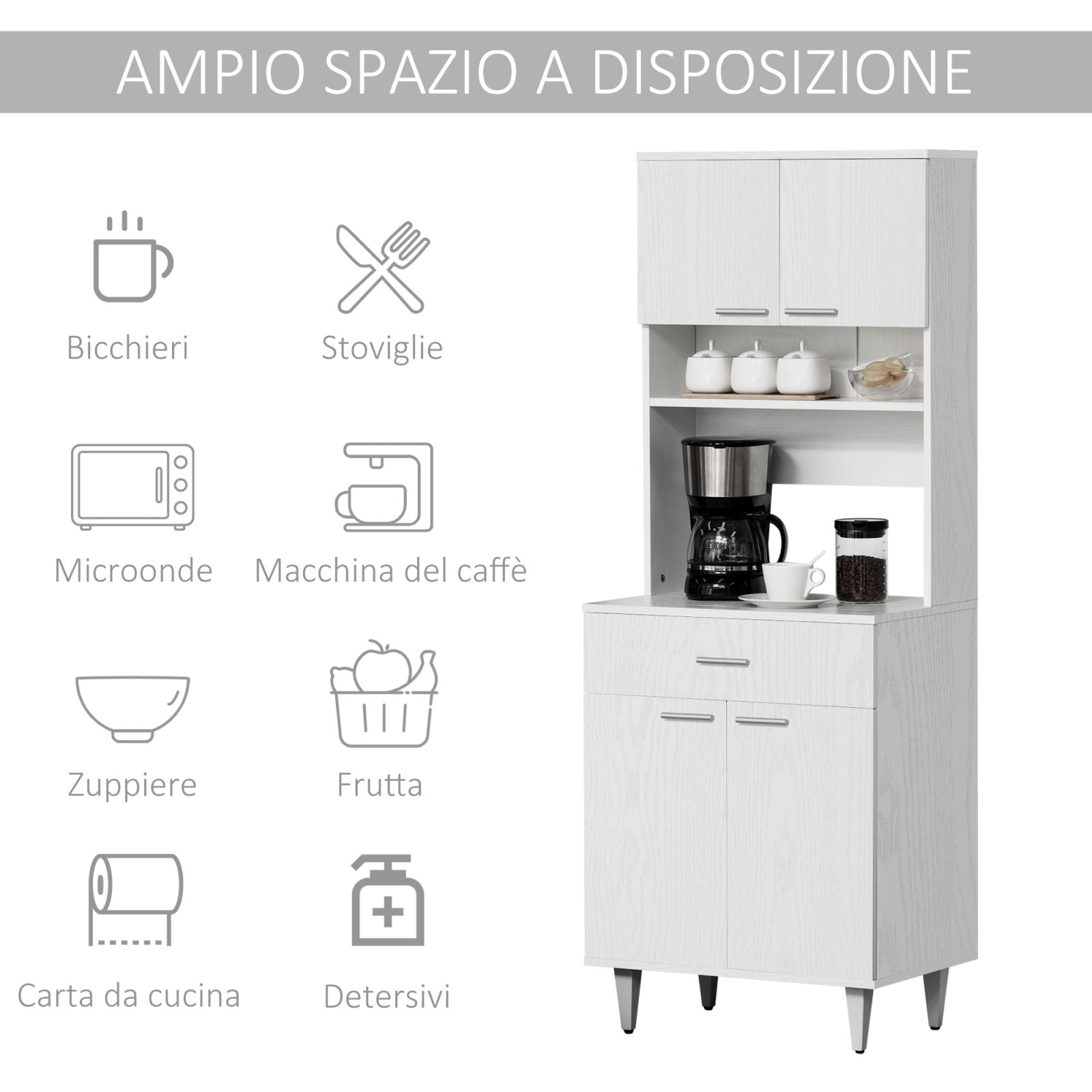 Easycomfort Credenza Alta da Cucina, Madia Classica Bianca in Legno with 2 Armadietti e 1 Mensola, white, 60x40x160cm