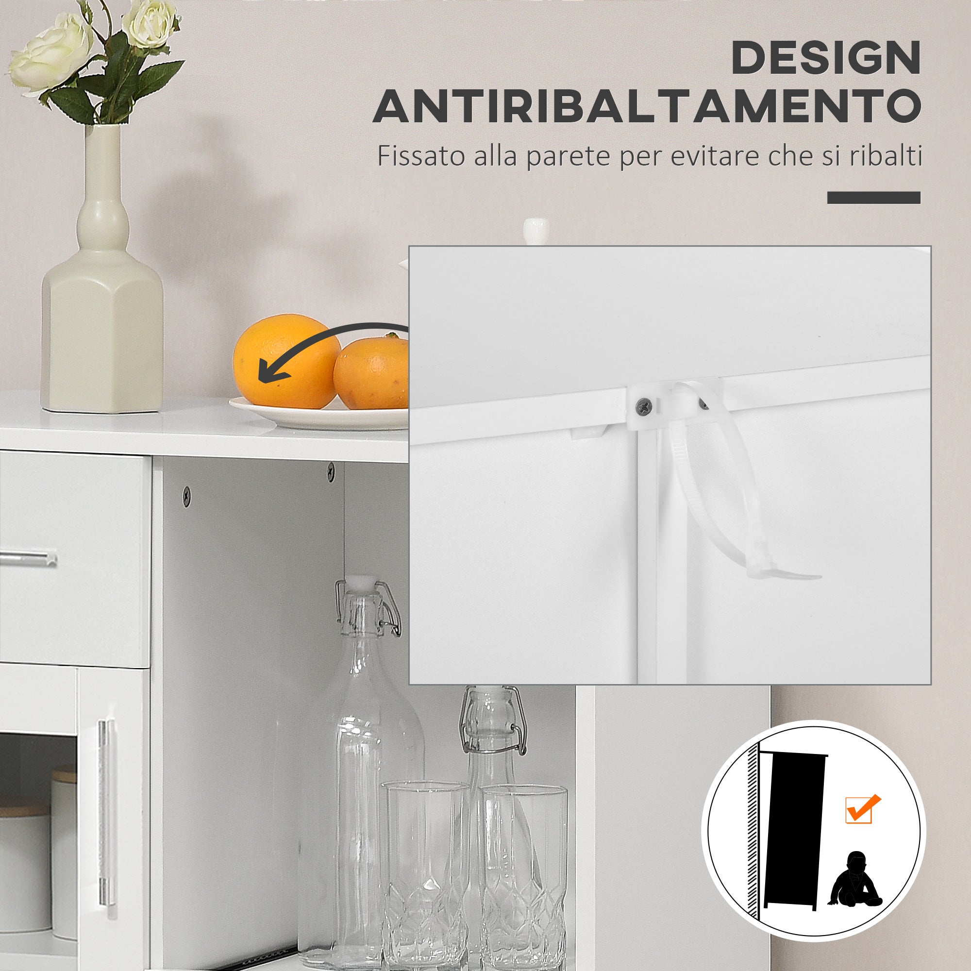 Easycomfort Credenza Moderna with Armadietti e Cassetto in Legno e Vetro, 60x40x95cm, white